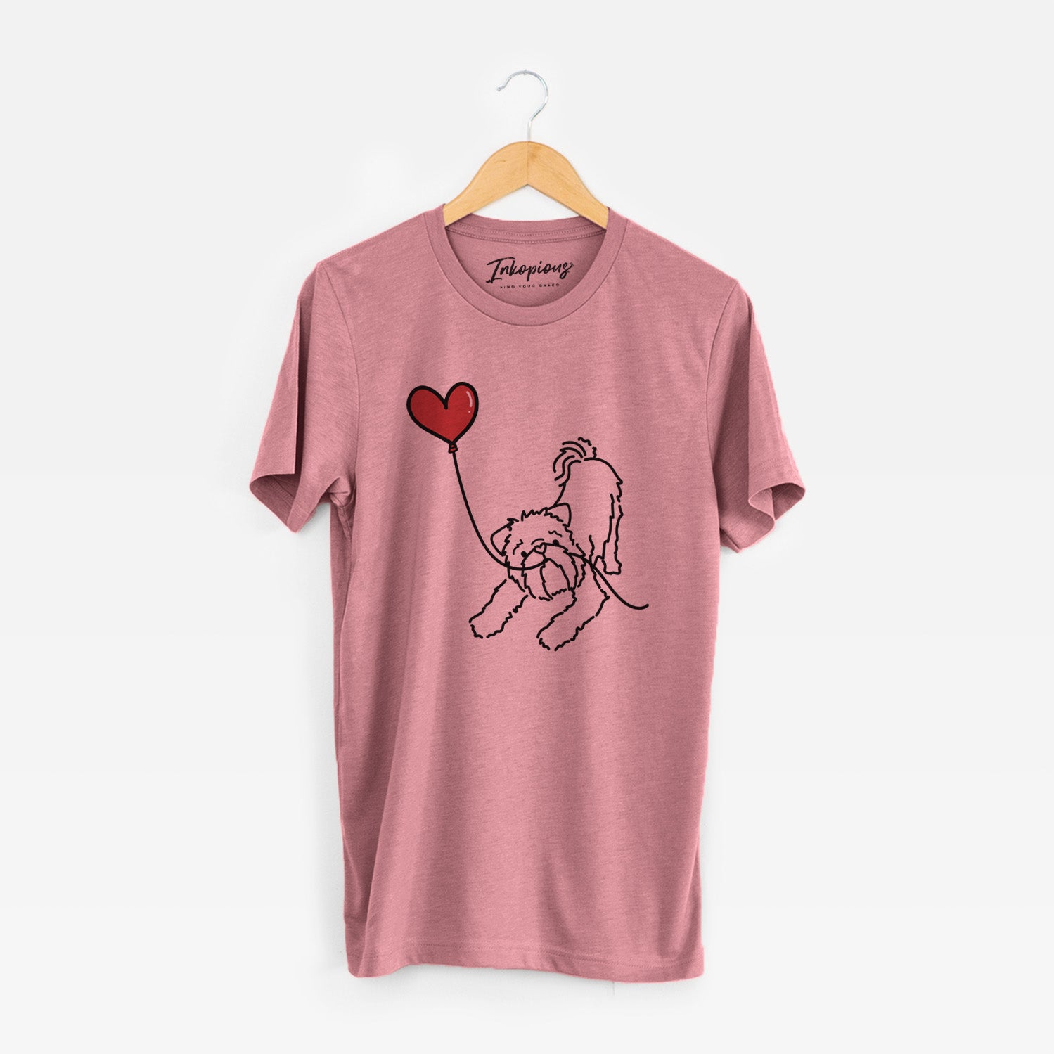 Minimalist line drawing of a Brussels Griffon Heart String holding a heart balloon on a Mauve Unisex crewneck
