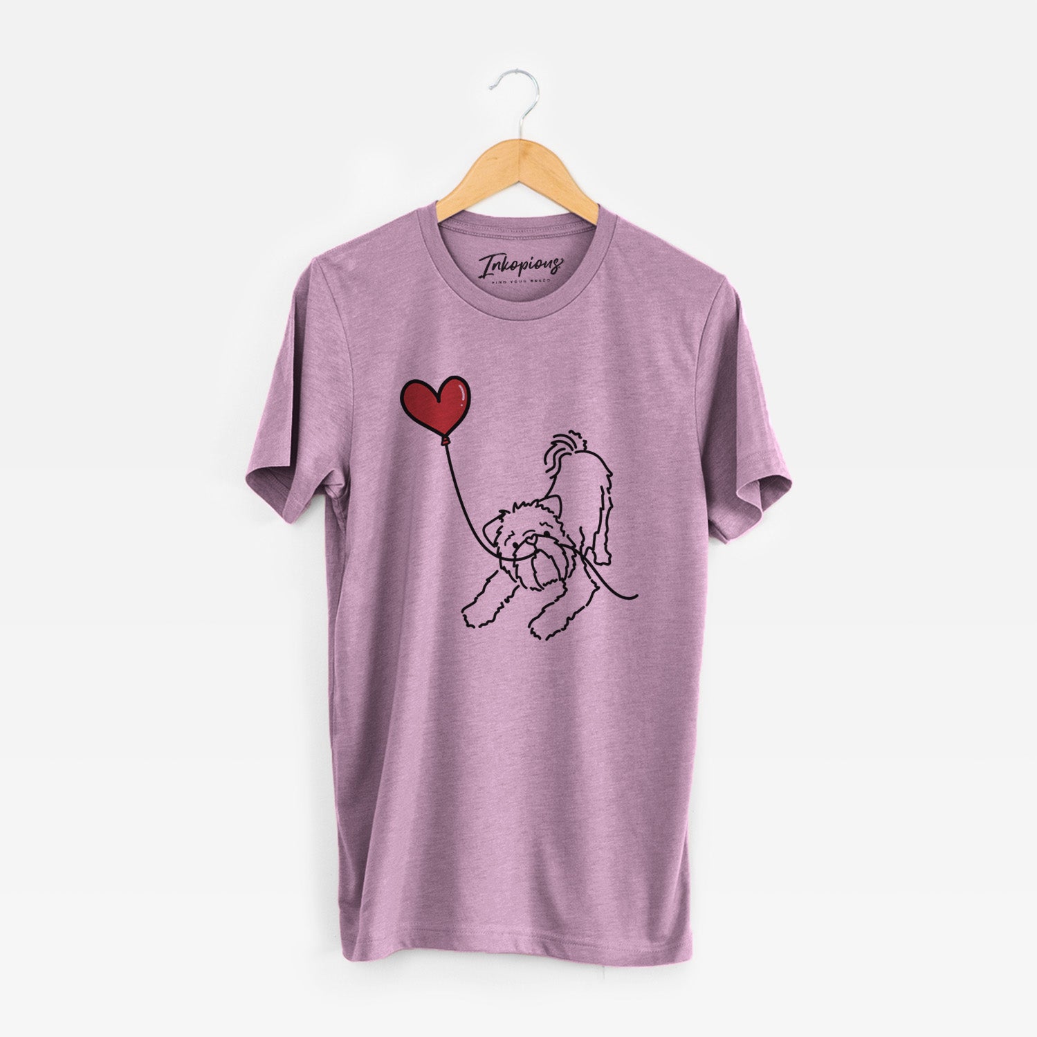 Minimalist line drawing of a Brussels Griffon Heart String holding a heart balloon on an Orchid Unisex crewneck