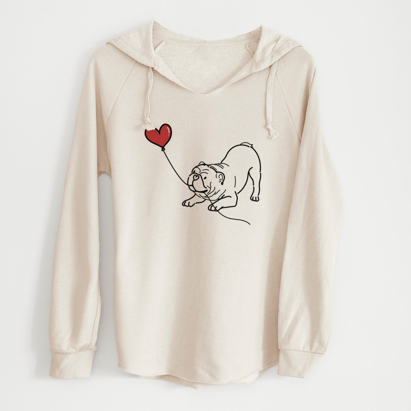 Minimalist line drawing of a Bulldog Heart String holding a heart balloon on a Bone Cali Wave Hooded Sweatshirt