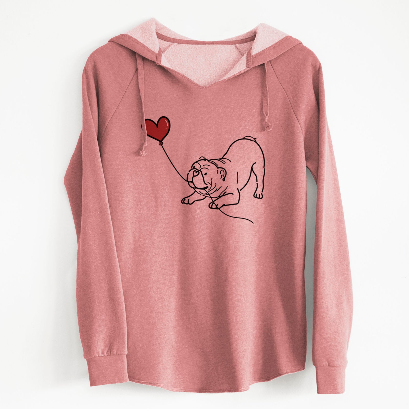 Minimalist line drawing of a Bulldog Heart String holding a heart balloon on a Dusty Rose Cali Wave Hooded Sweatshirt