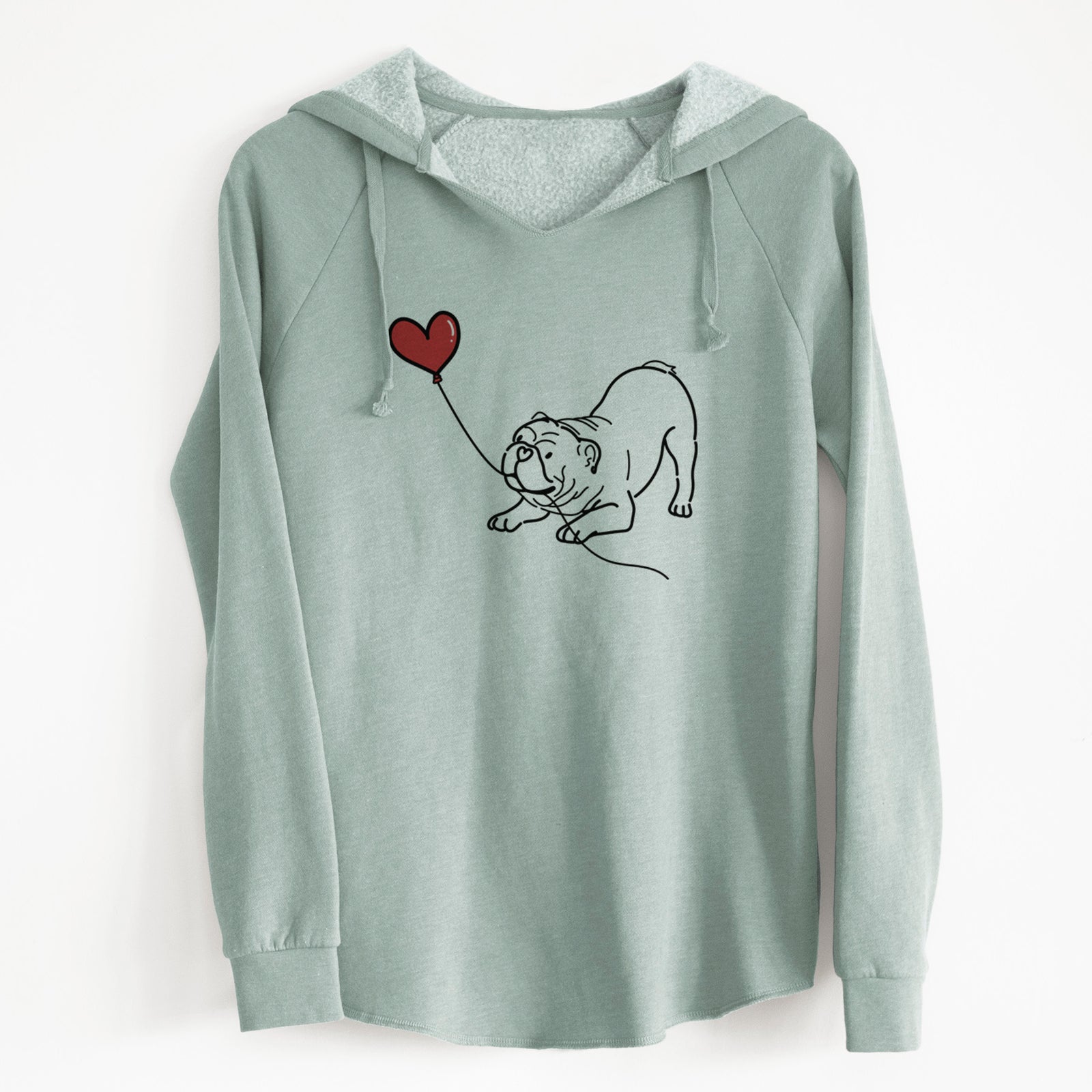 Minimalist line drawing of a Bulldog Heart String holding a heart balloon on a Sage Cali Wave Hooded Sweatshirt