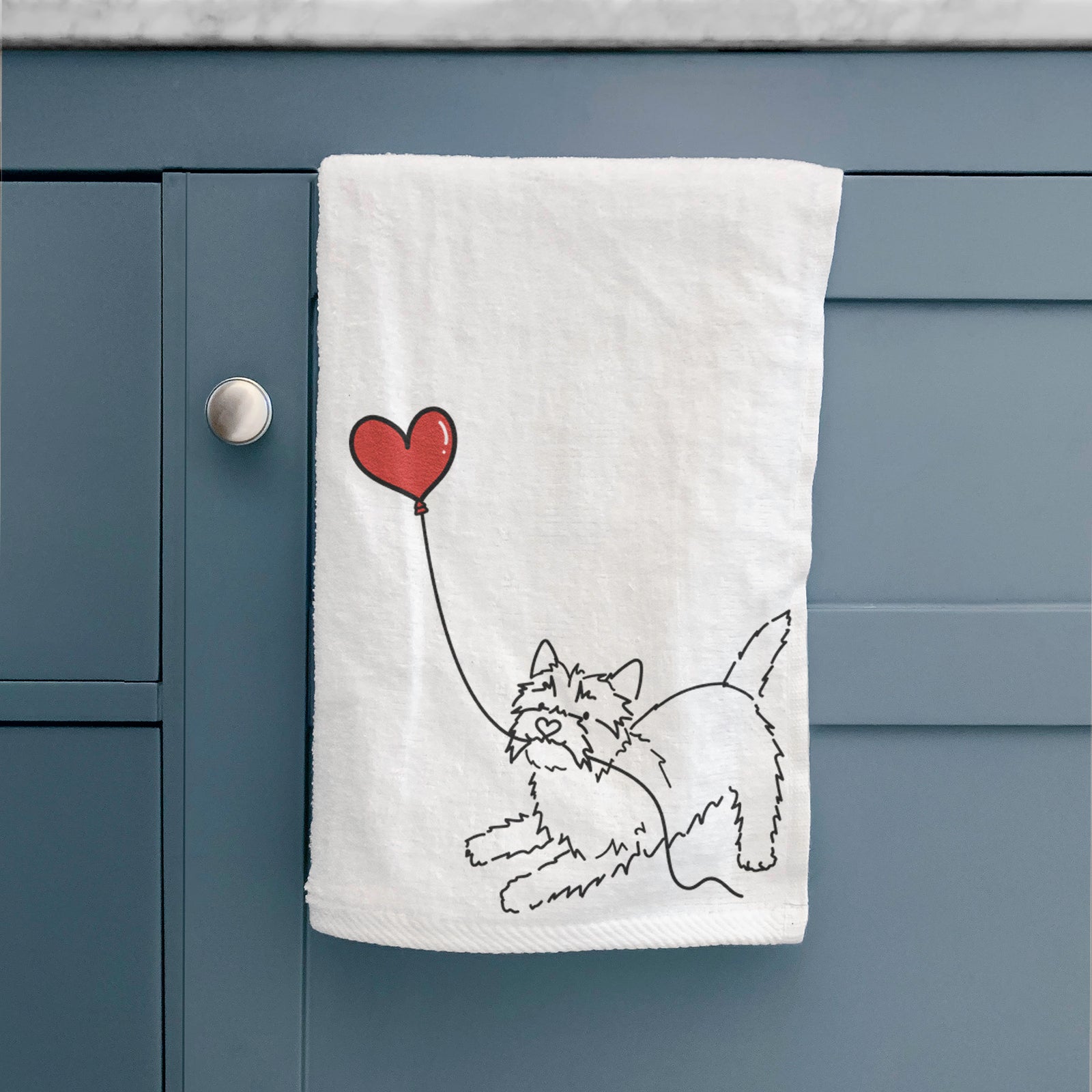 Minimalist line drawing of a Cairn Terrier Heart String holding a heart balloon on a decorative hand towel