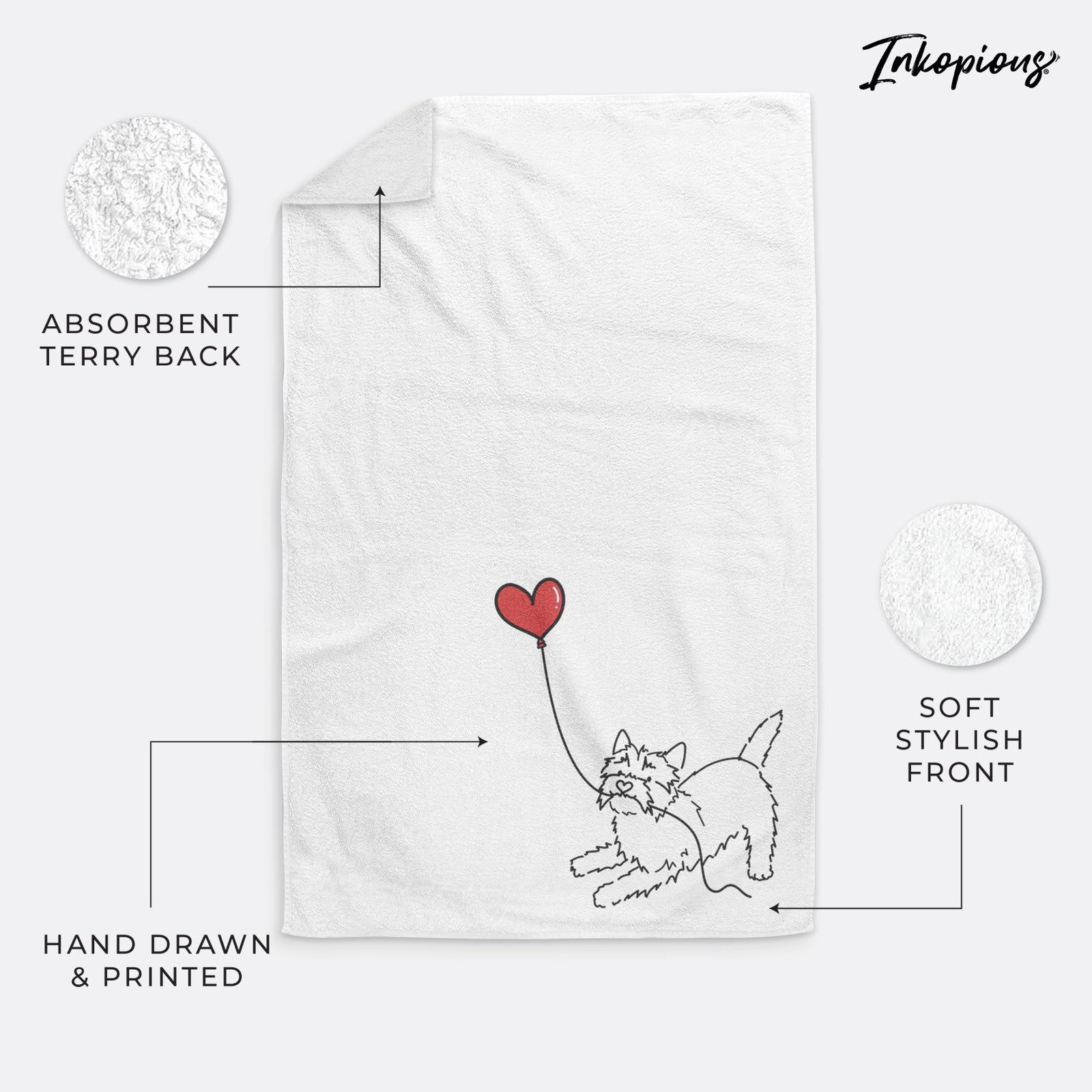 Minimalist line drawing of a Cairn Terrier Heart String holding a heart balloon on a decorative hand towel