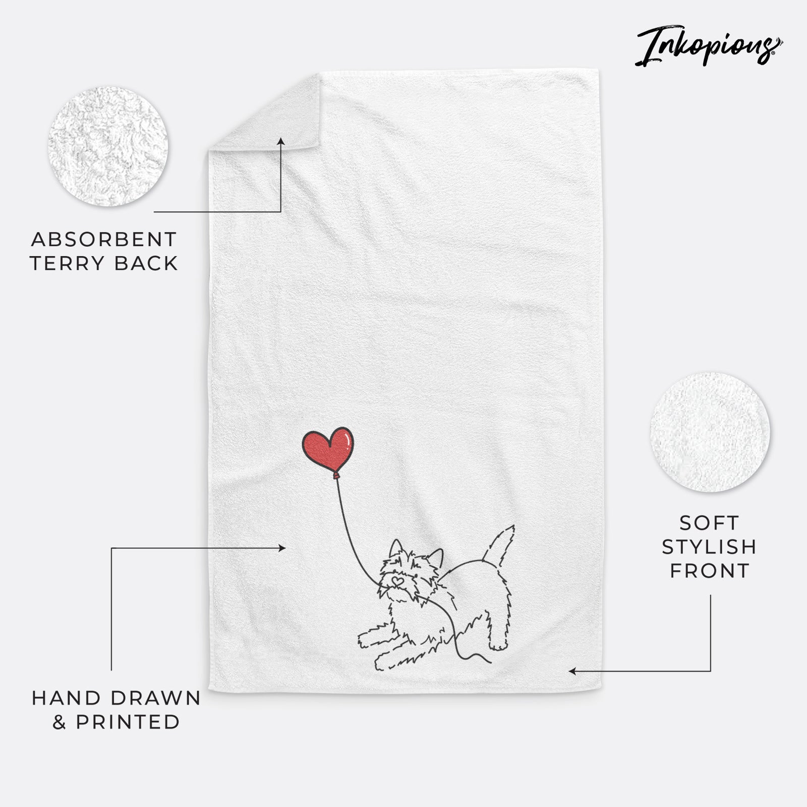 Minimalist line drawing of a Cairn Terrier Heart String holding a heart balloon on a decorative hand towel