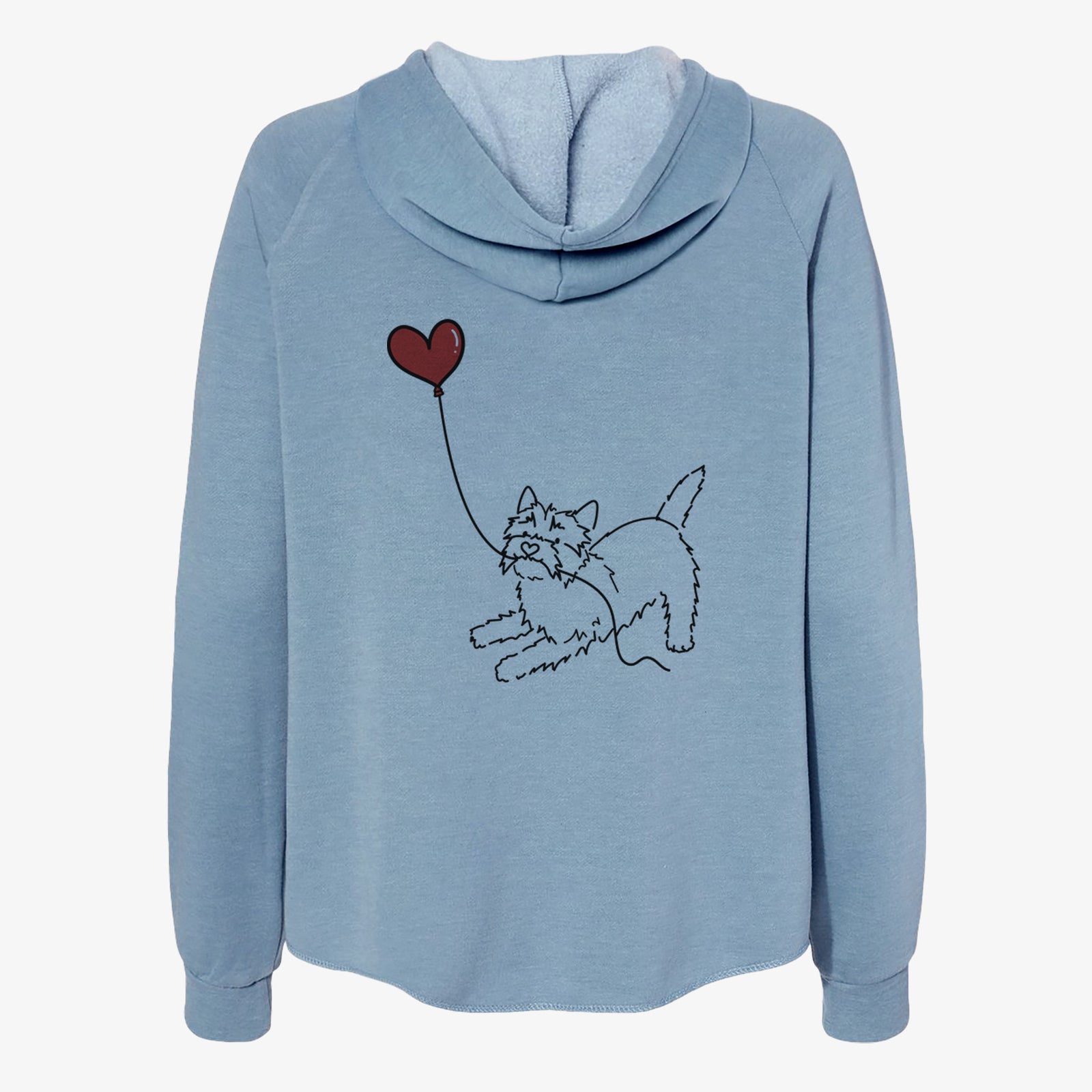 Minimalist line drawing of a Cairn Terrier Heart String- Women's Cali Wave Zip-Up Sweatshirt holding a heart balloon on a Misty Blue Cali Wave Zipup Sweatshirt