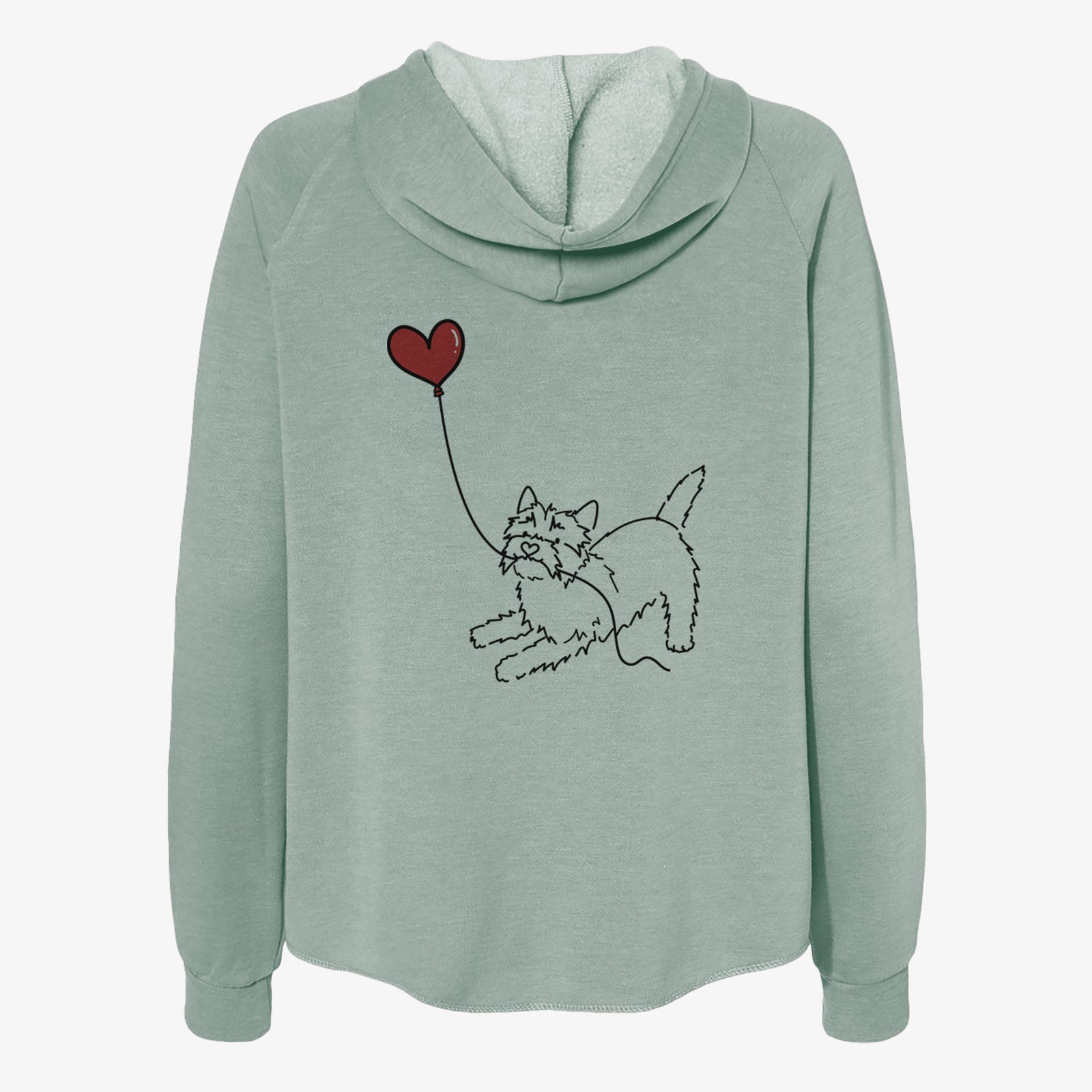 Minimalist line drawing of a Cairn Terrier Heart String- Women's Cali Wave Zip-Up Sweatshirt holding a heart balloon on a Sage Cali Wave Zipup Sweatshirt