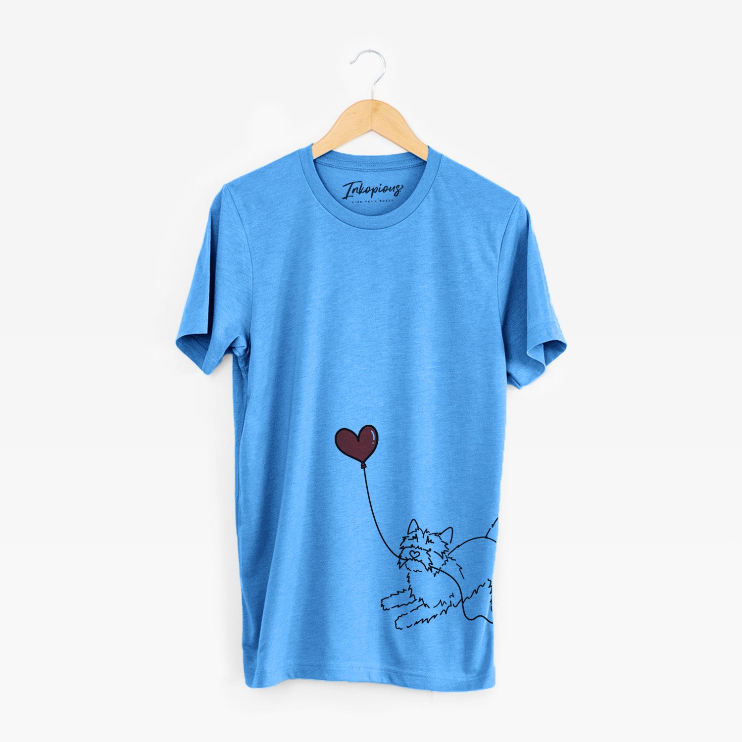 Minimalist line drawing of a Cairn Terrier Heart String holding a heart balloon on a Blue Unisex crewneck