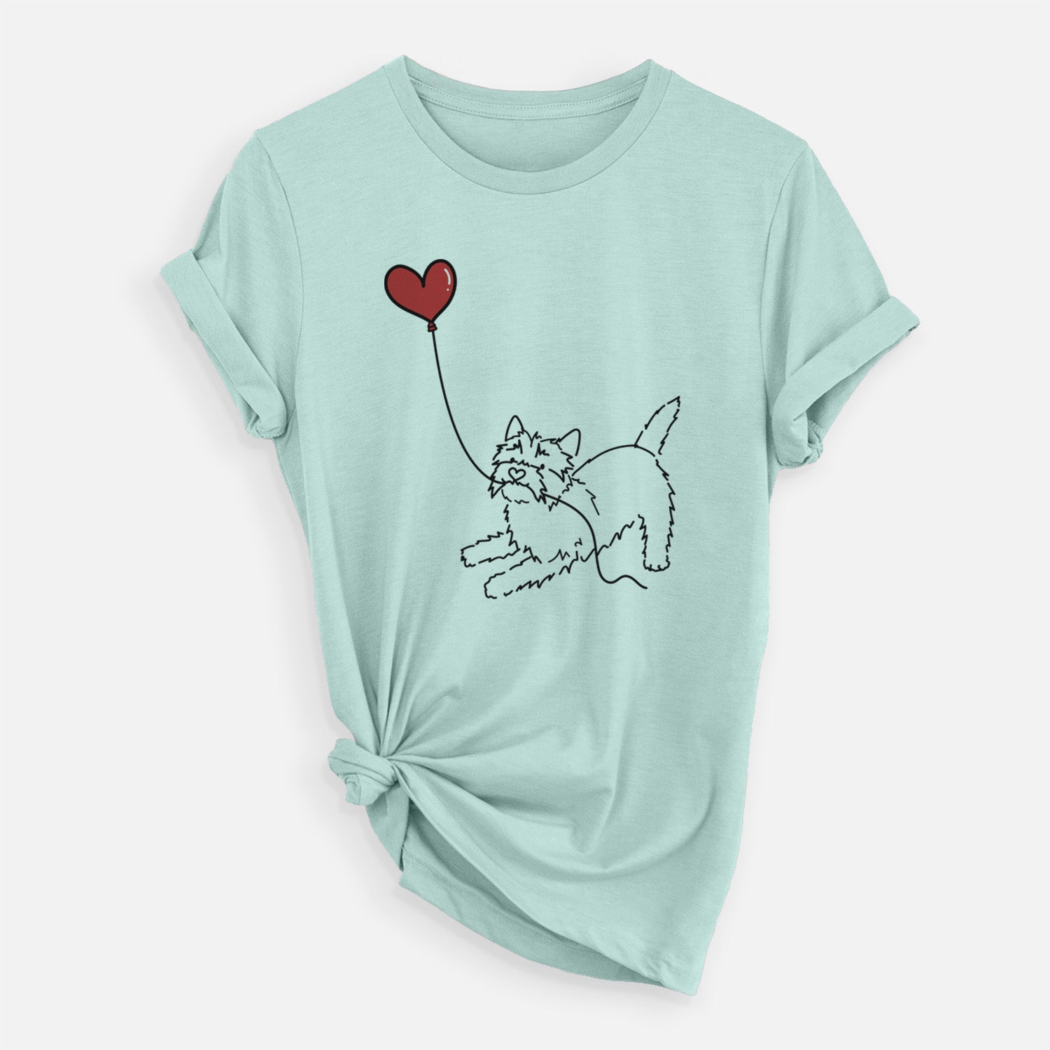 Minimalist line drawing of a Cairn Terrier Heart String holding a heart balloon on a Heather Sage Unisex crewneck