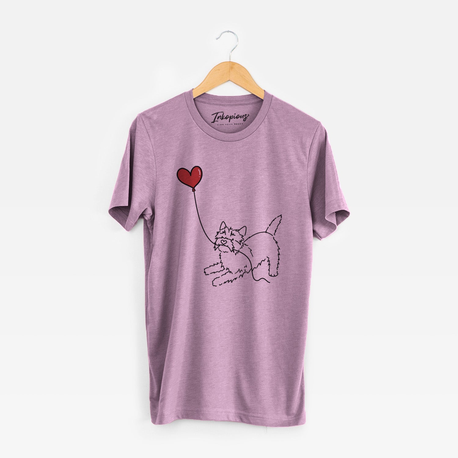 Minimalist line drawing of a Cairn Terrier Heart String holding a heart balloon on an Orchid Unisex crewneck