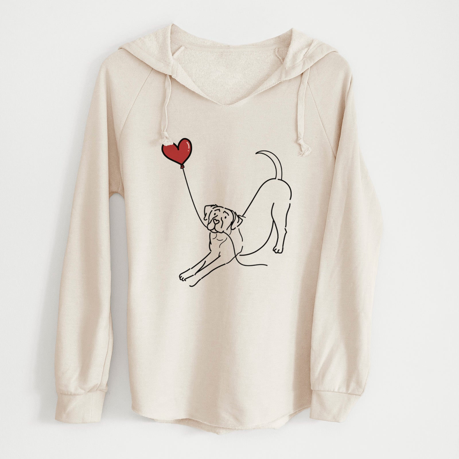 Minimalist line drawing of a Cane Corso Heart String holding a heart balloon on a Bone Cali Wave Hooded Sweatshirt