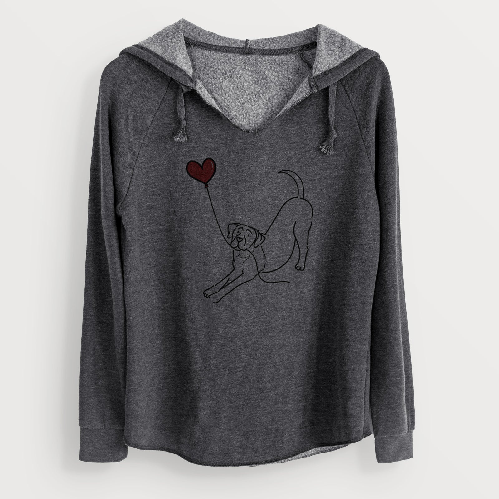 Minimalist line drawing of a Cane Corso Heart String holding a heart balloon on a Charcoal Cali Wave Hooded Sweatshirt