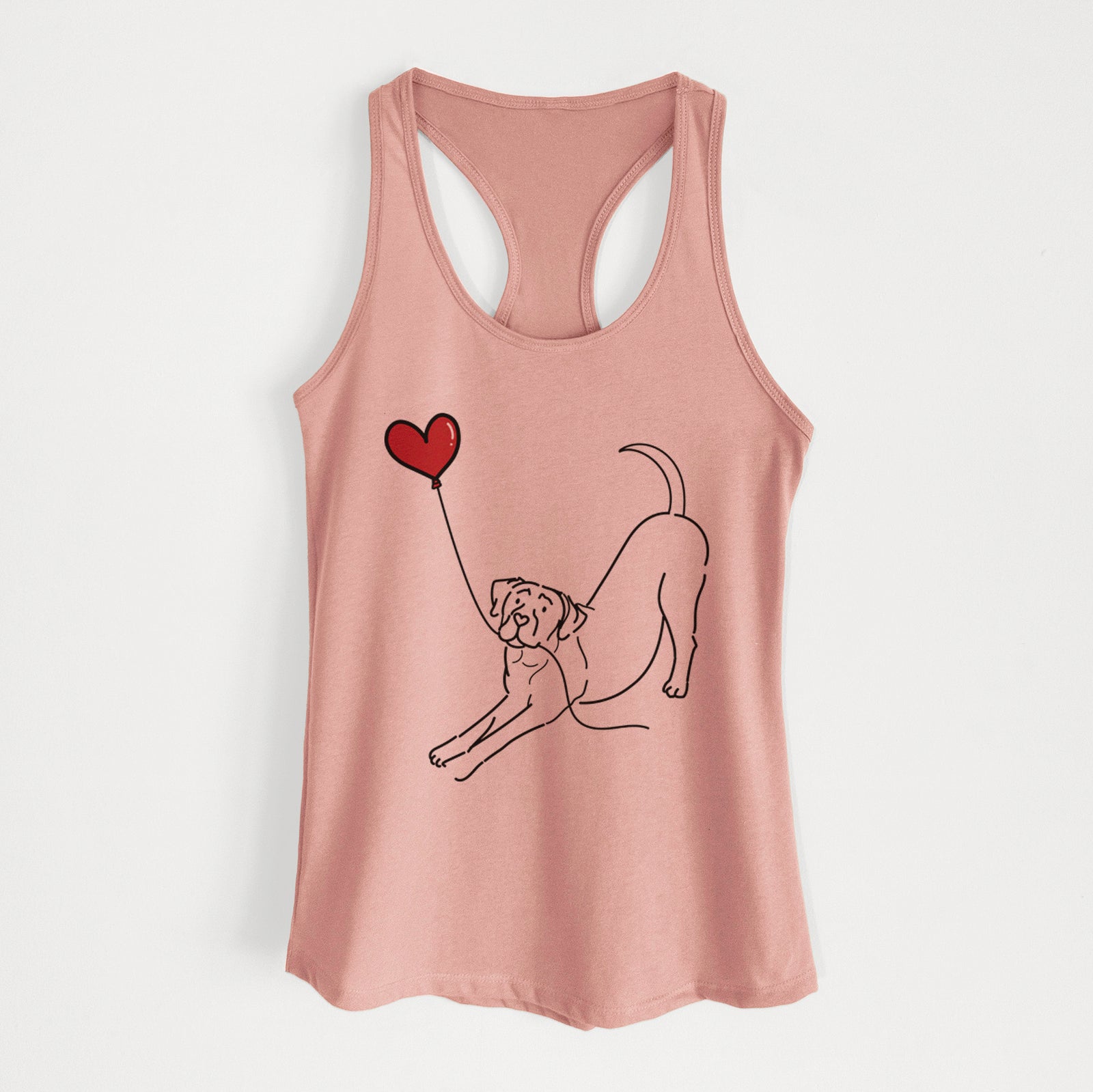 Minimalist line drawing of a Cane Corso Heart String holding a heart balloon on a Desert Pink Women's racerback tanktop