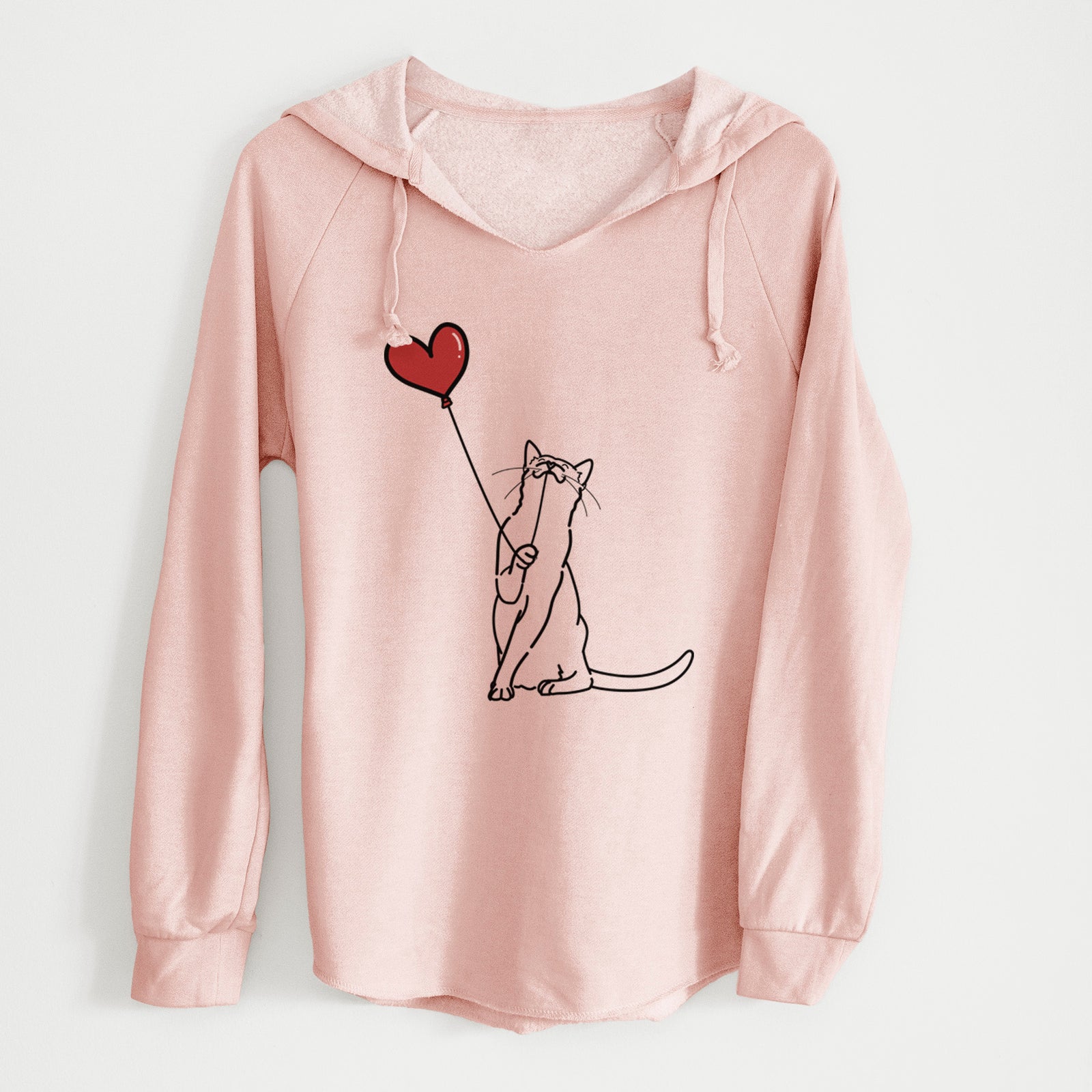 Minimalist line drawing of a Cat Heart String holding a heart balloon on a Blush Cali Wave Hooded Sweatshirt