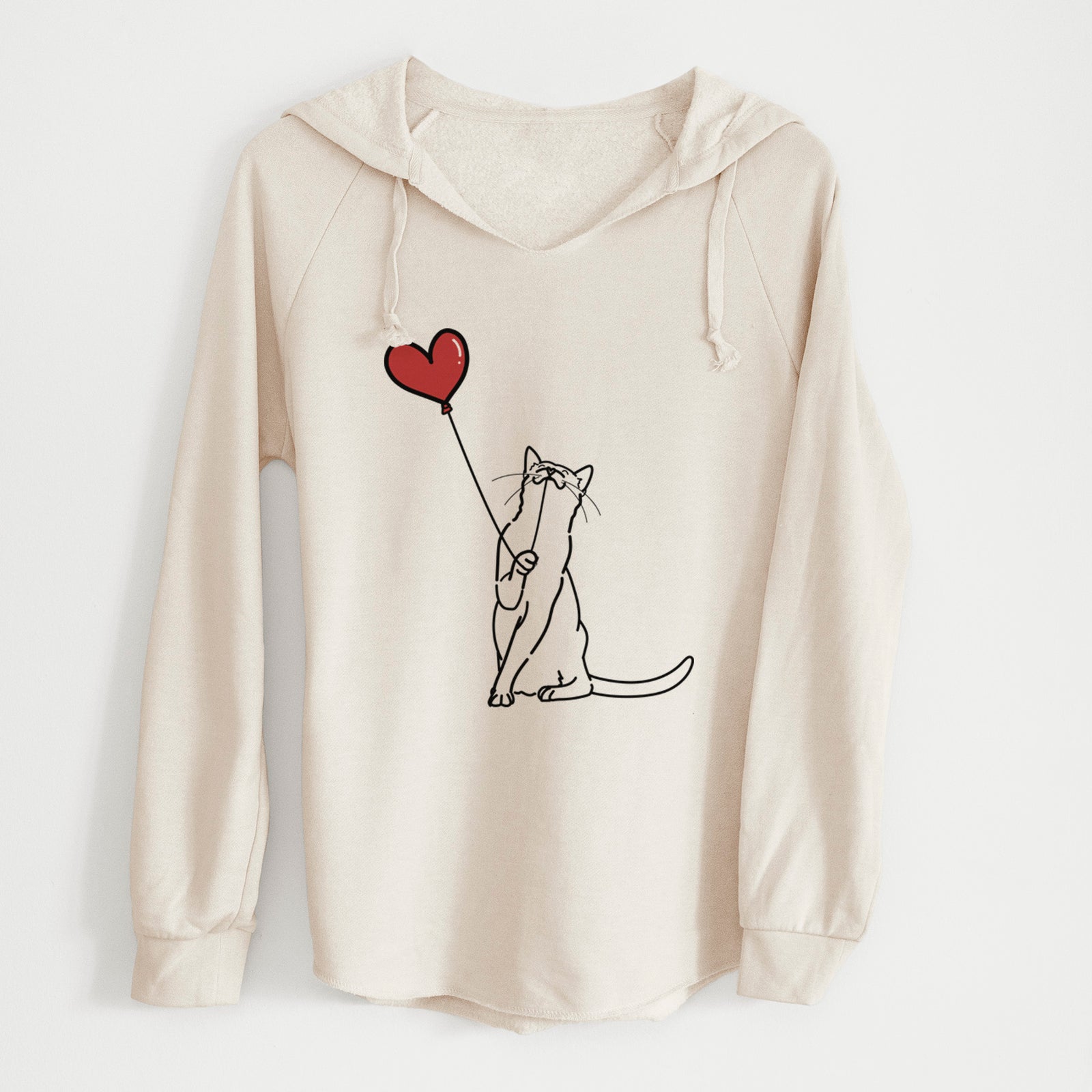 Minimalist line drawing of a Cat Heart String holding a heart balloon on a Bone Cali Wave Hooded Sweatshirt