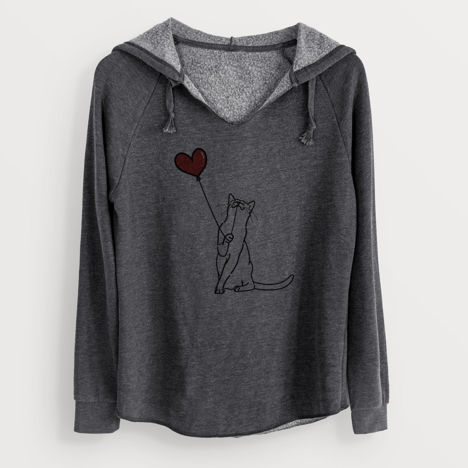 Minimalist line drawing of a Cat Heart String holding a heart balloon on a Charcoal Cali Wave Hooded Sweatshirt
