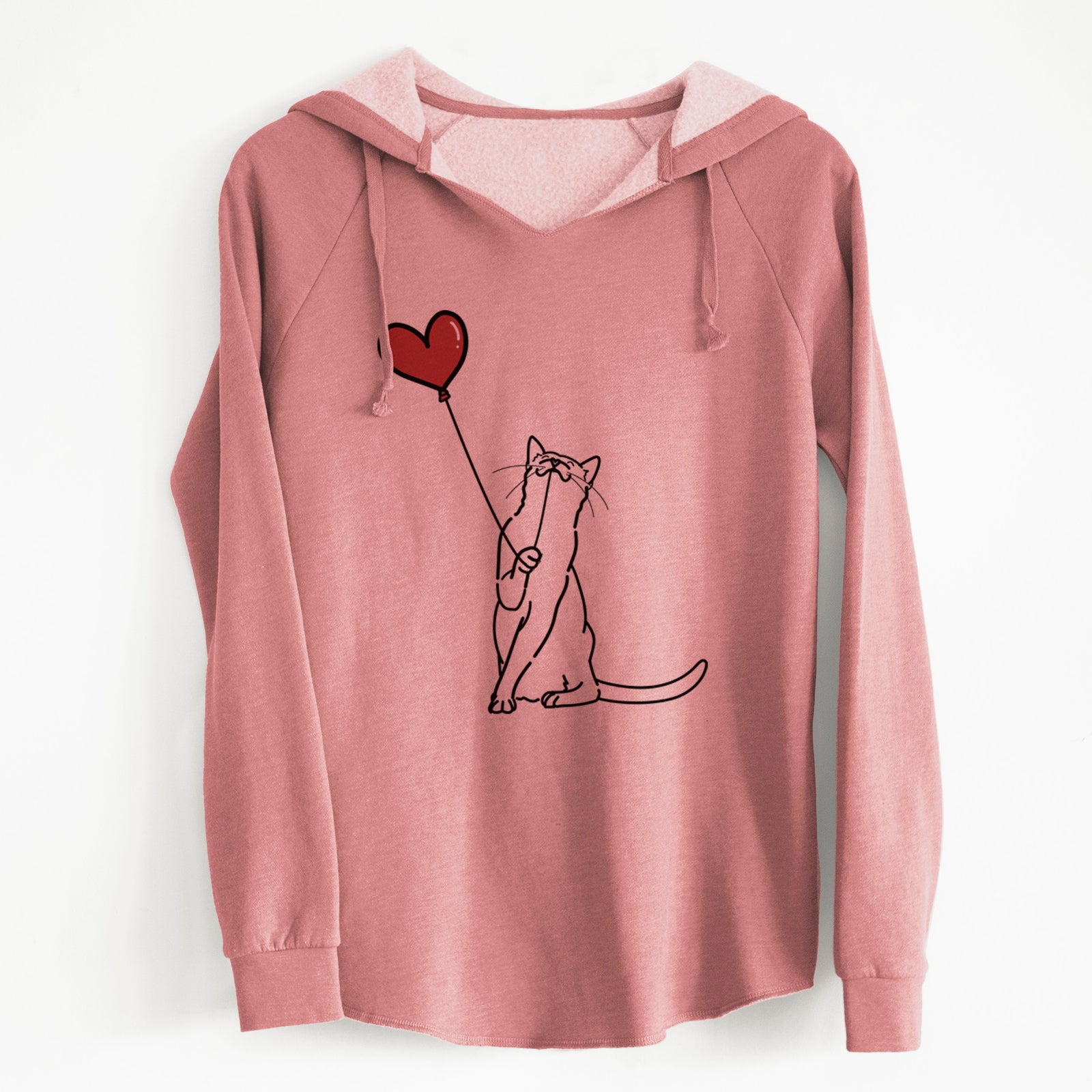 Pink hoodie with a cat and heart balloon design on a white background