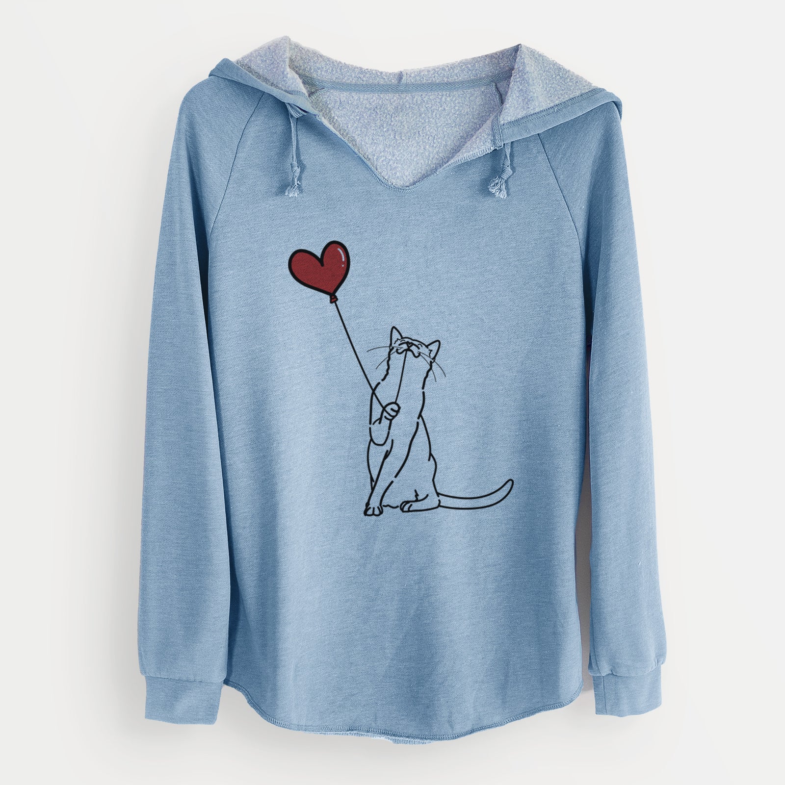 Minimalist line drawing of a Cat Heart String holding a heart balloon on a Misty Blue Cali Wave Hooded Sweatshirt
