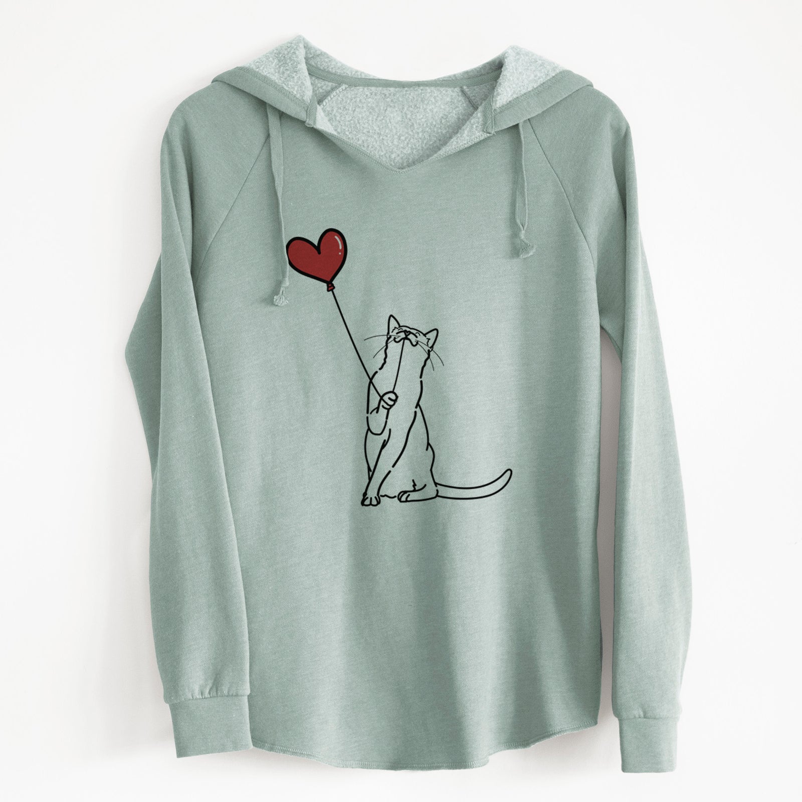 Minimalist line drawing of a Cat Heart String holding a heart balloon on a Sage Cali Wave Hooded Sweatshirt