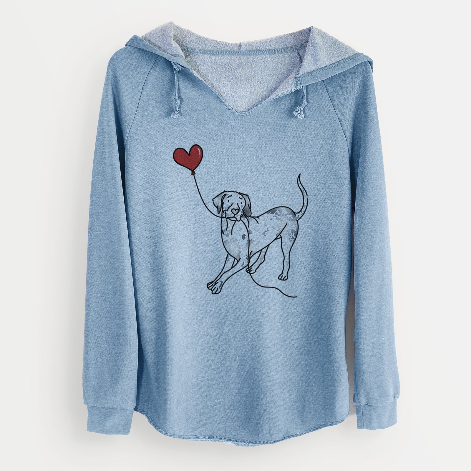 Minimalist line drawing of a Catahoula Heart String holding a heart balloon on a Misty Blue Cali Wave Hooded Sweatshirt