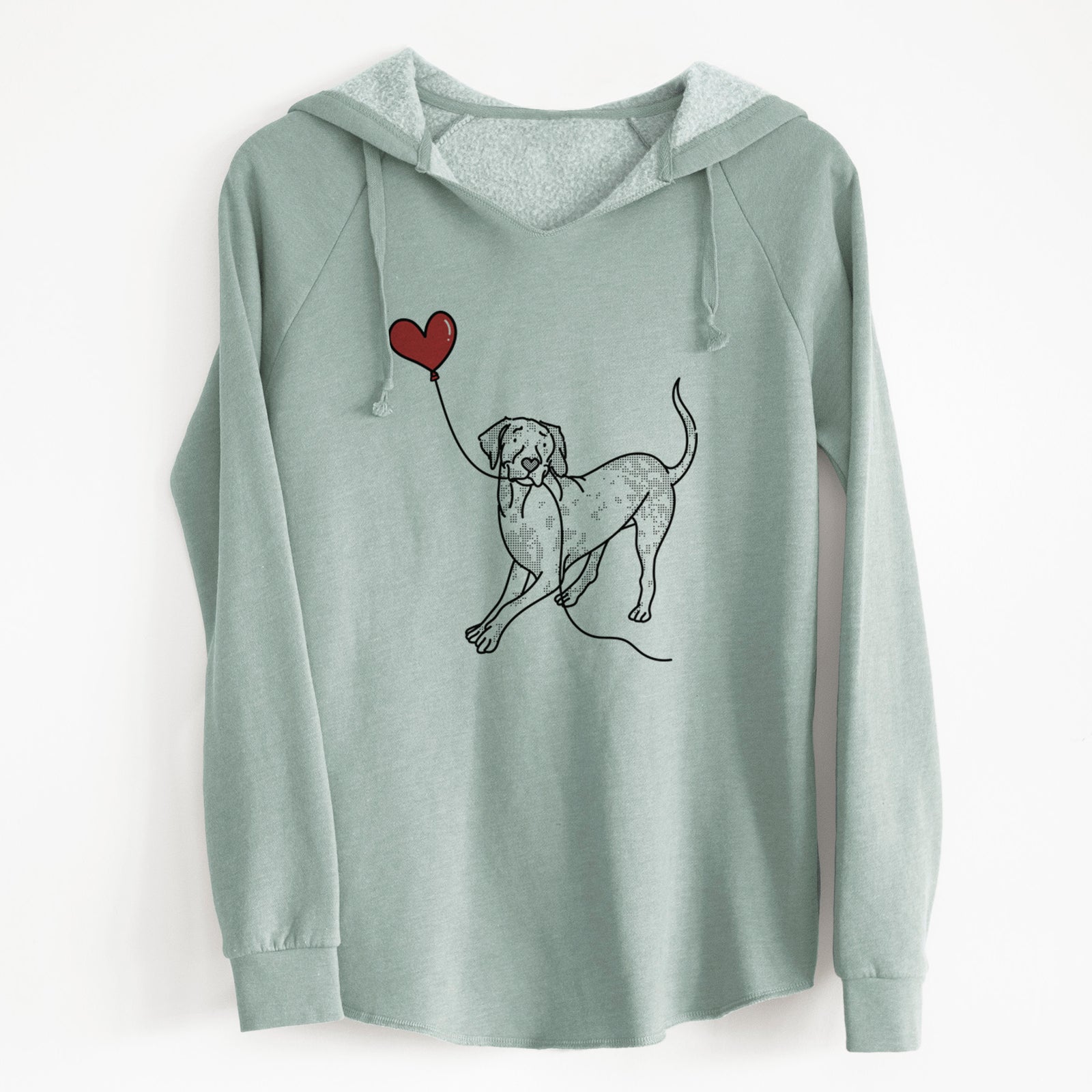 Minimalist line drawing of a Catahoula Heart String holding a heart balloon on a Sage Cali Wave Hooded Sweatshirt