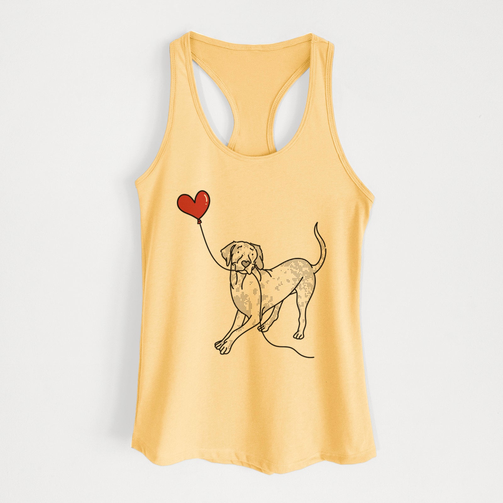 Minimalist line drawing of a Catahoula Heart String holding a heart balloon on a Banana Cream Women's racerback tanktop