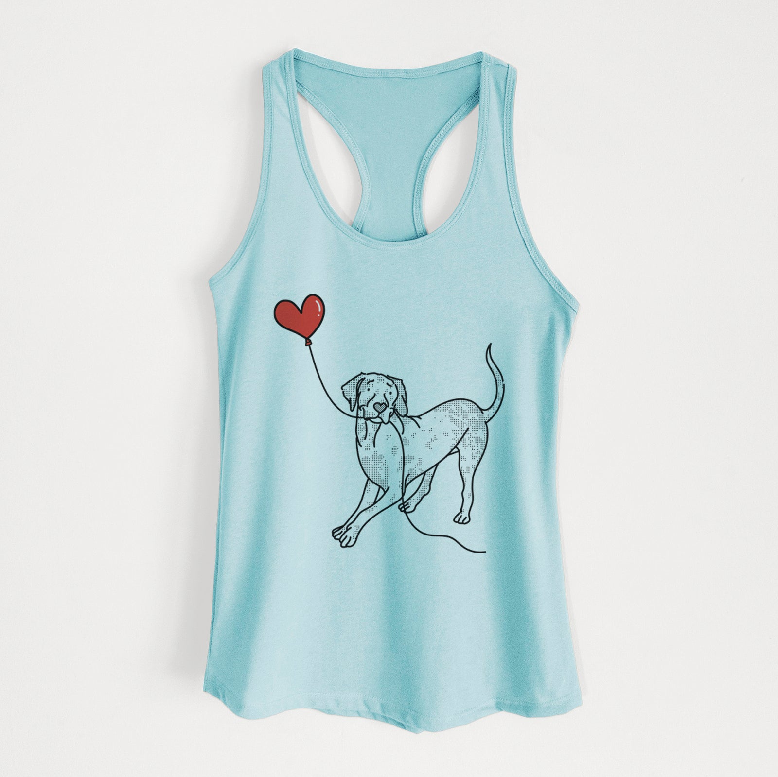 Minimalist line drawing of a Catahoula Heart String holding a heart balloon on a Cancun Blue Women's racerback tanktop