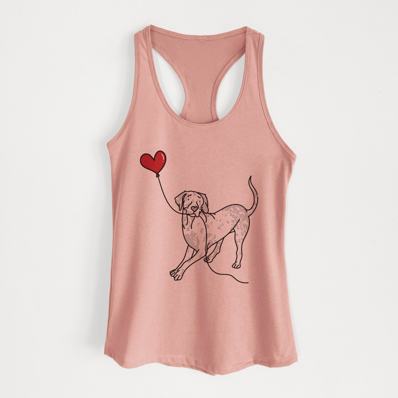 Minimalist line drawing of a Catahoula Heart String holding a heart balloon on a Desert Pink Women's racerback tanktop