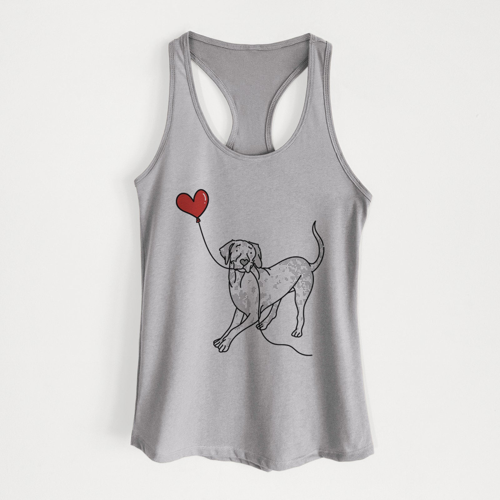 Minimalist line drawing of a Catahoula Heart String holding a heart balloon on a Heather Grey Women's racerback tanktop