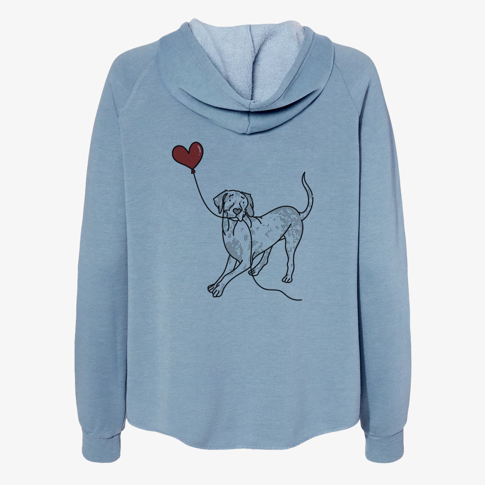 Minimalist line drawing of a Catahoula Heart String- Women's Cali Wave Zip-Up Sweatshirt holding a heart balloon on a Misty Blue Cali Wave Zipup Sweatshirt