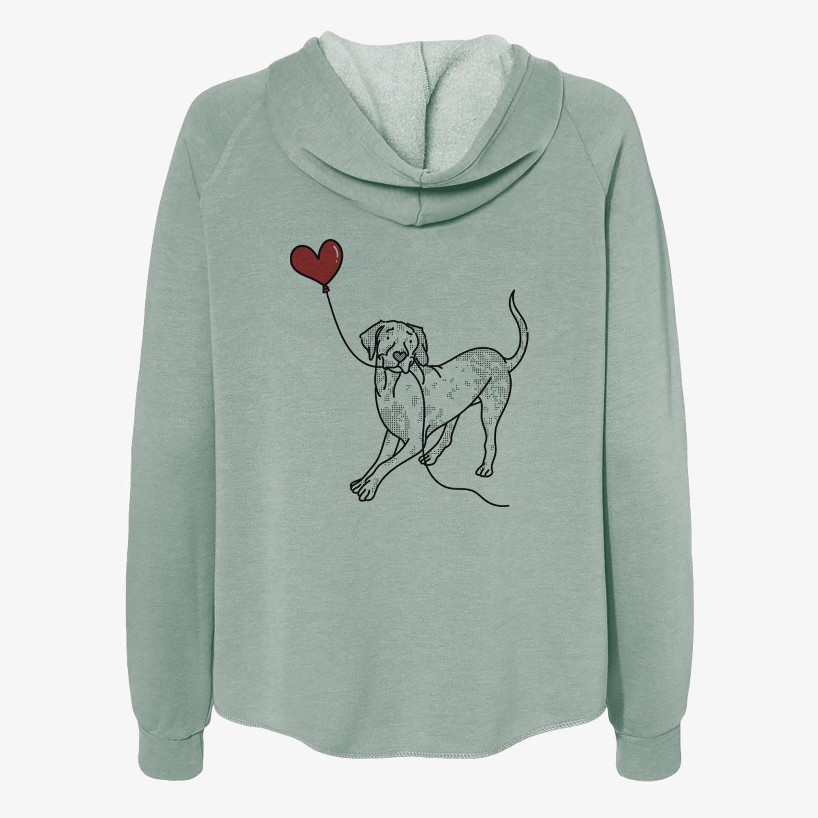 Minimalist line drawing of a Catahoula Heart String- Women's Cali Wave Zip-Up Sweatshirt holding a heart balloon on a Sage Cali Wave Zipup Sweatshirt