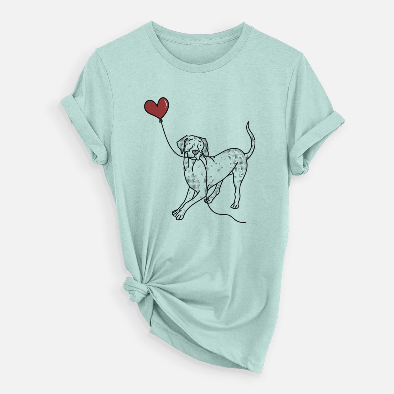 Minimalist line drawing of a Catahoula Heart String holding a heart balloon on a Heather Sage Unisex crewneck