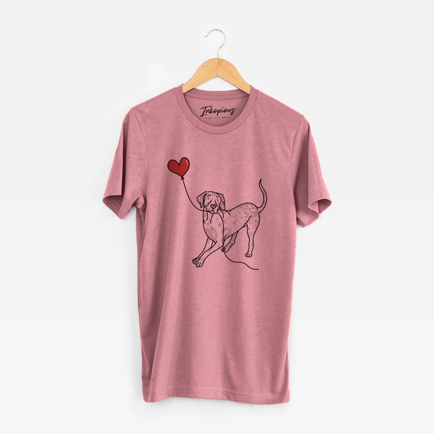 Minimalist line drawing of a Catahoula Heart String holding a heart balloon on a Mauve Unisex crewneck