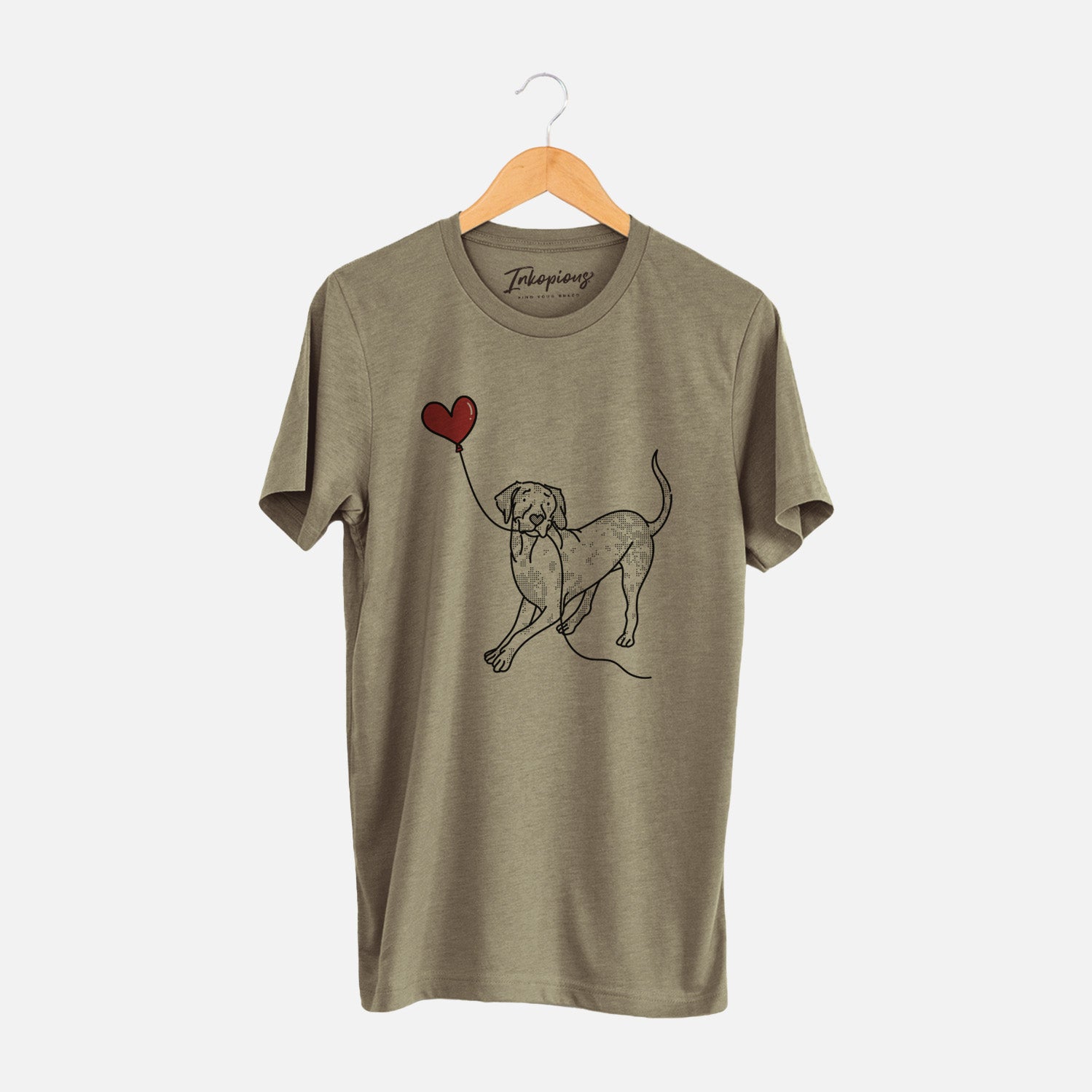 Minimalist line drawing of a Catahoula Heart String holding a heart balloon on an Olive Unisex crewneck