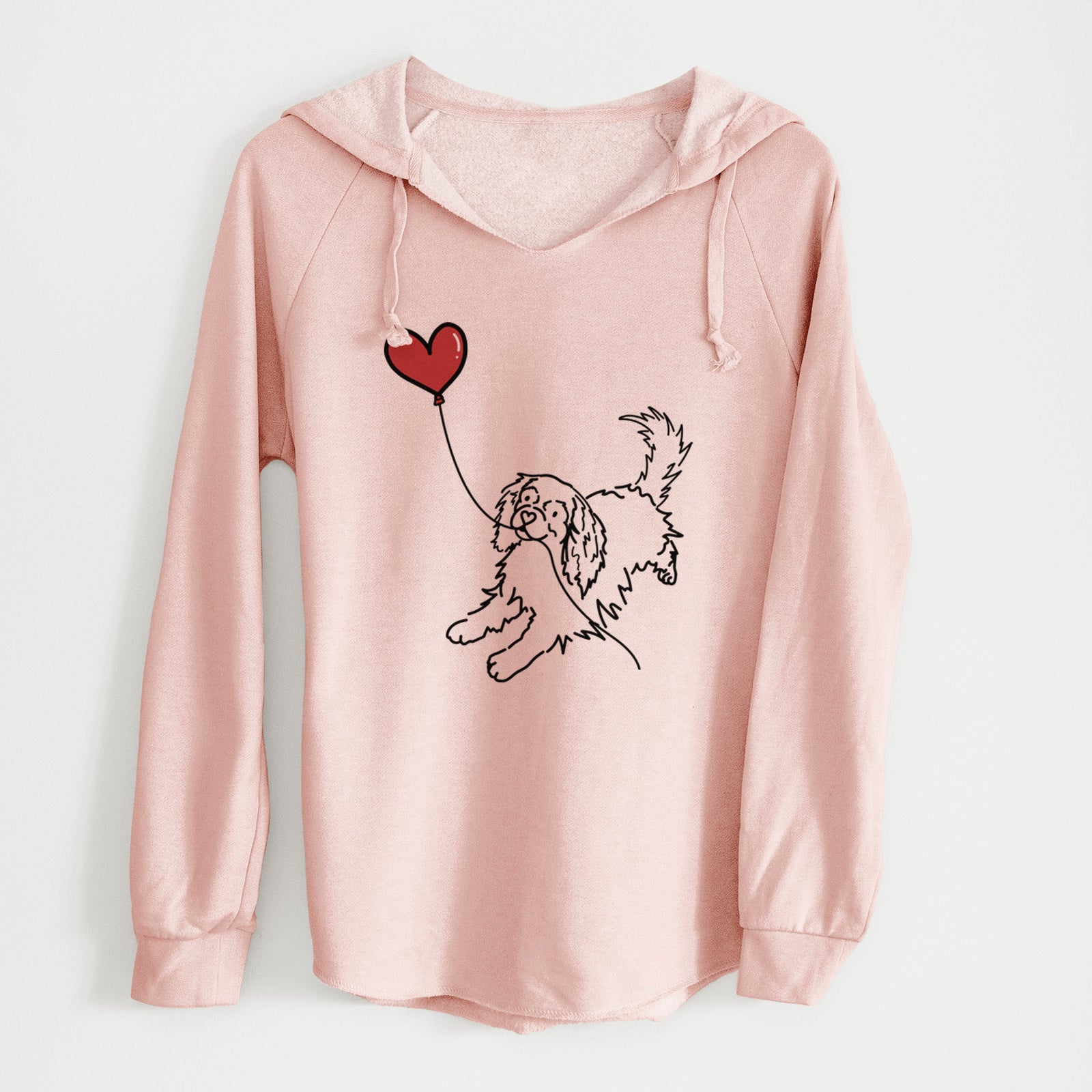 Minimalist line drawing of a Cavalier King Charles Heart String holding a heart balloon on a Blush Cali Wave Hooded Sweatshirt
