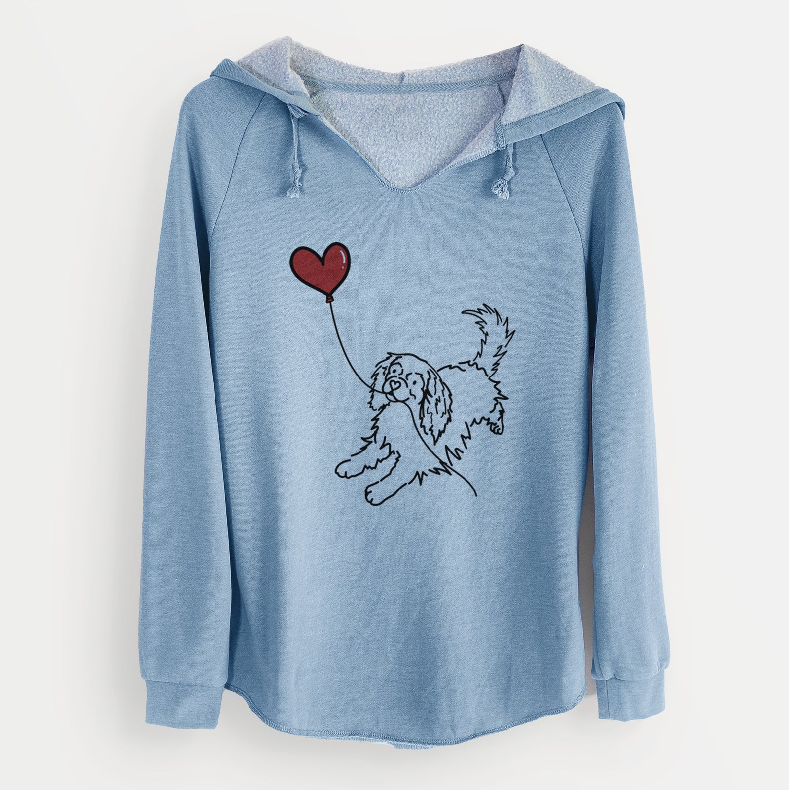 Minimalist line drawing of a Cavalier King Charles Heart String holding a heart balloon on a Misty Blue Cali Wave Hooded Sweatshirt