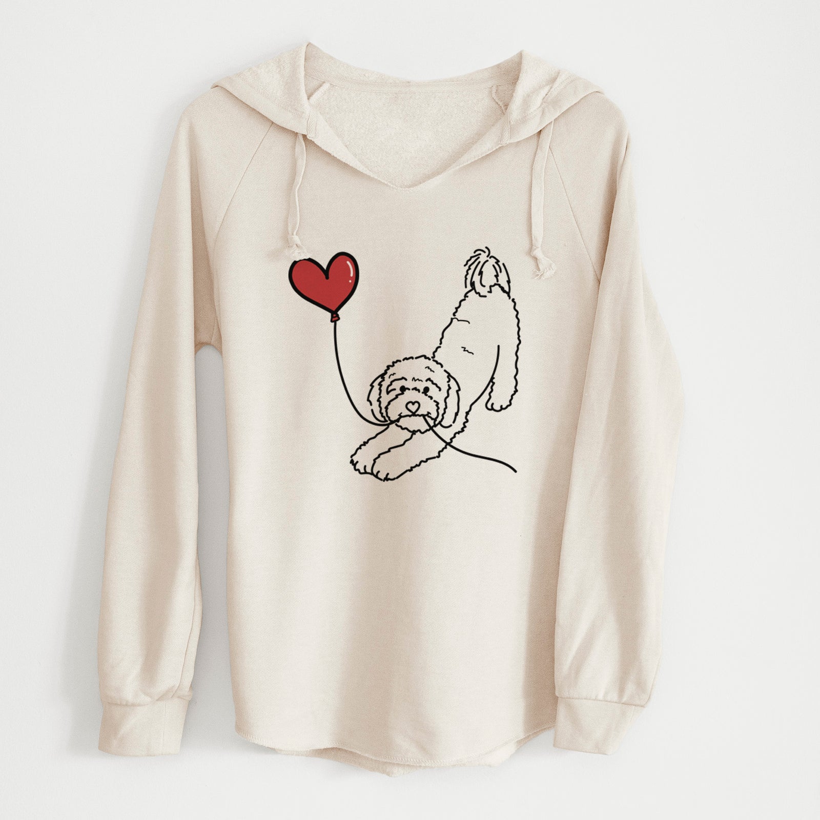 Minimalist line drawing of a Cavapoo Heart String holding a heart balloon on a Bone Cali Wave Hooded Sweatshirt