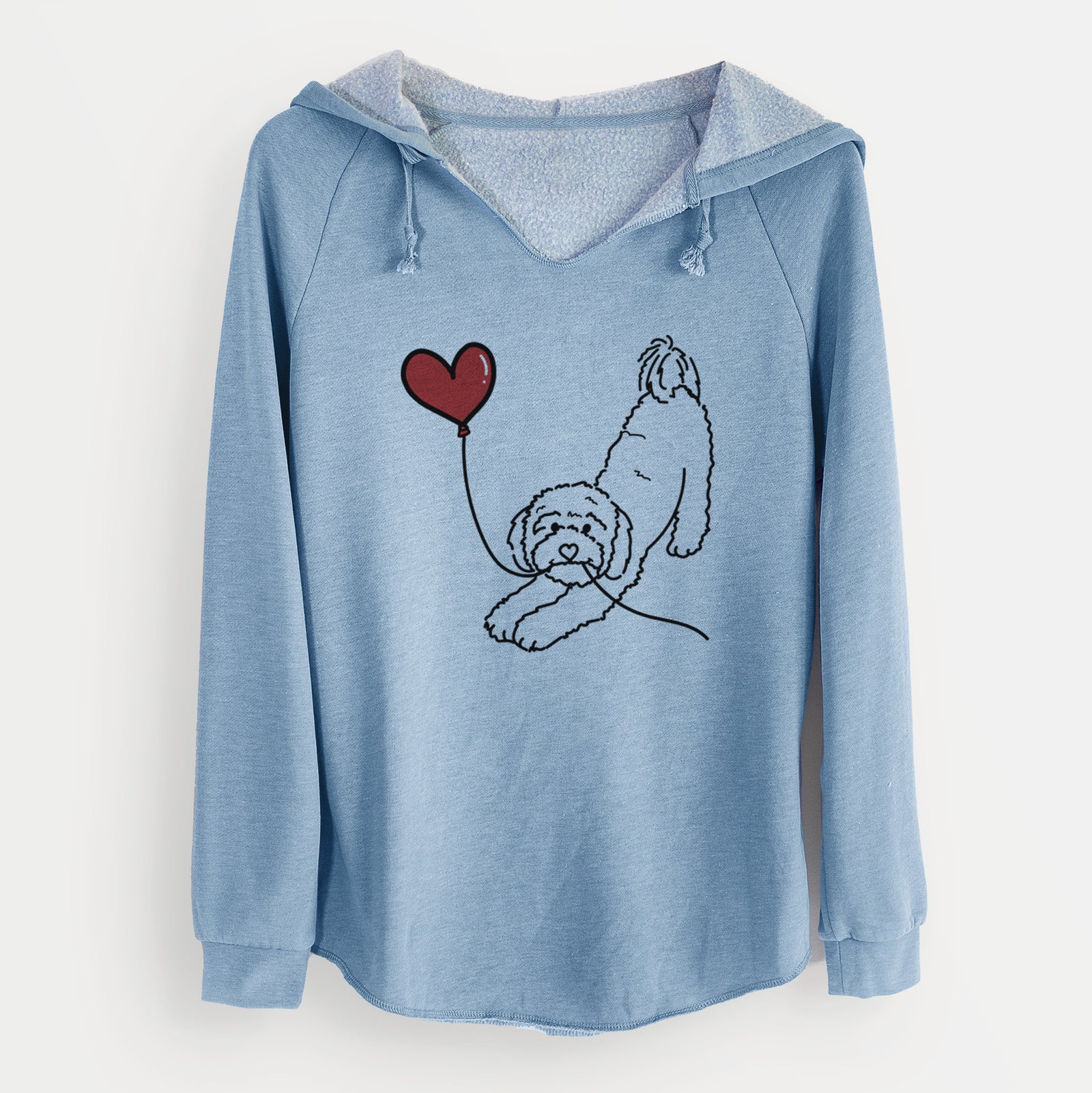 Minimalist line drawing of a Cavapoo Heart String holding a heart balloon on a Misty Blue Cali Wave Hooded Sweatshirt
