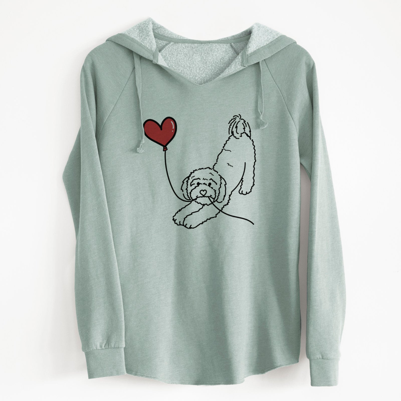 Minimalist line drawing of a Cavapoo Heart String holding a heart balloon on a Sage Cali Wave Hooded Sweatshirt
