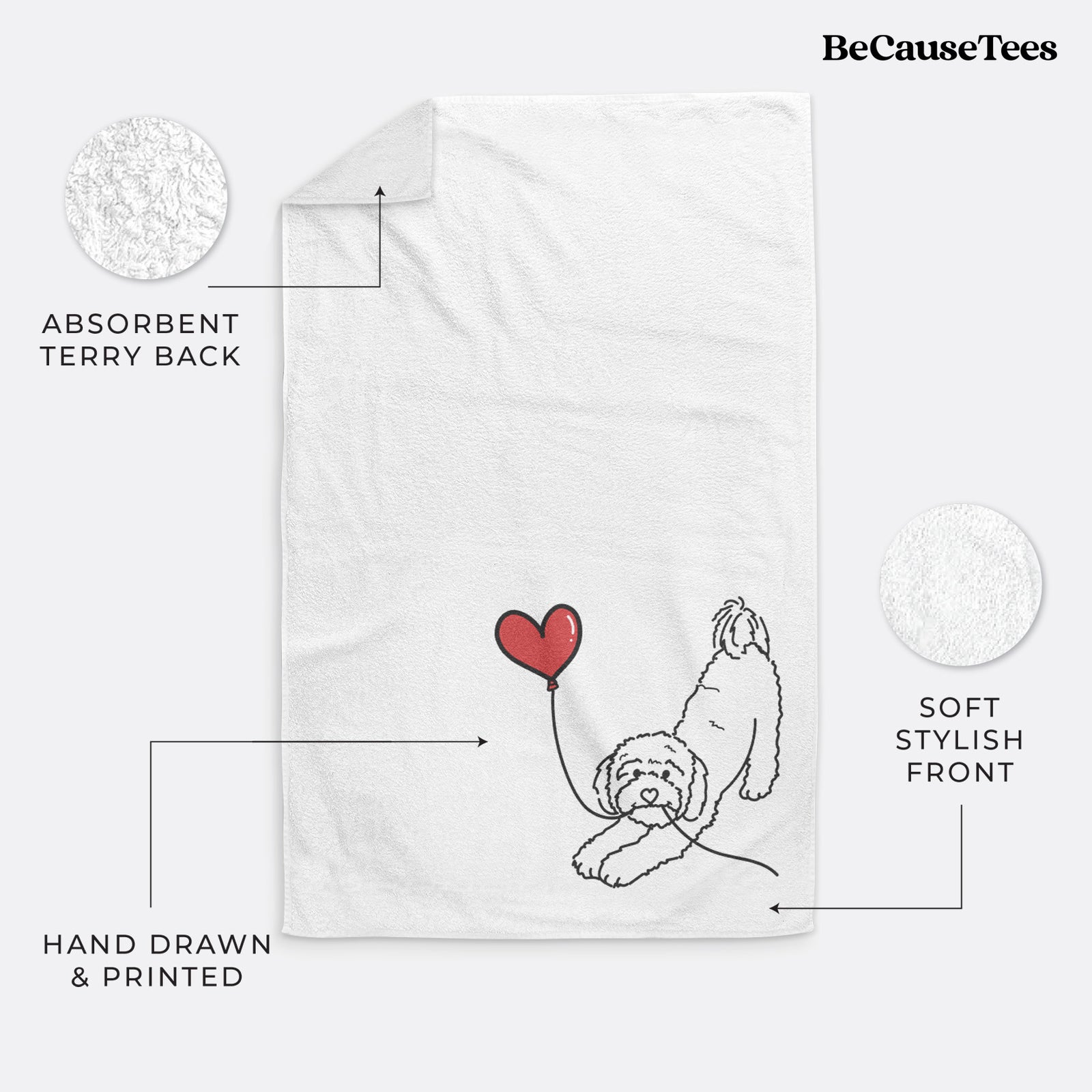 Minimalist line drawing of a Cavapoo Heart String holding a heart balloon on a decorative hand towel
