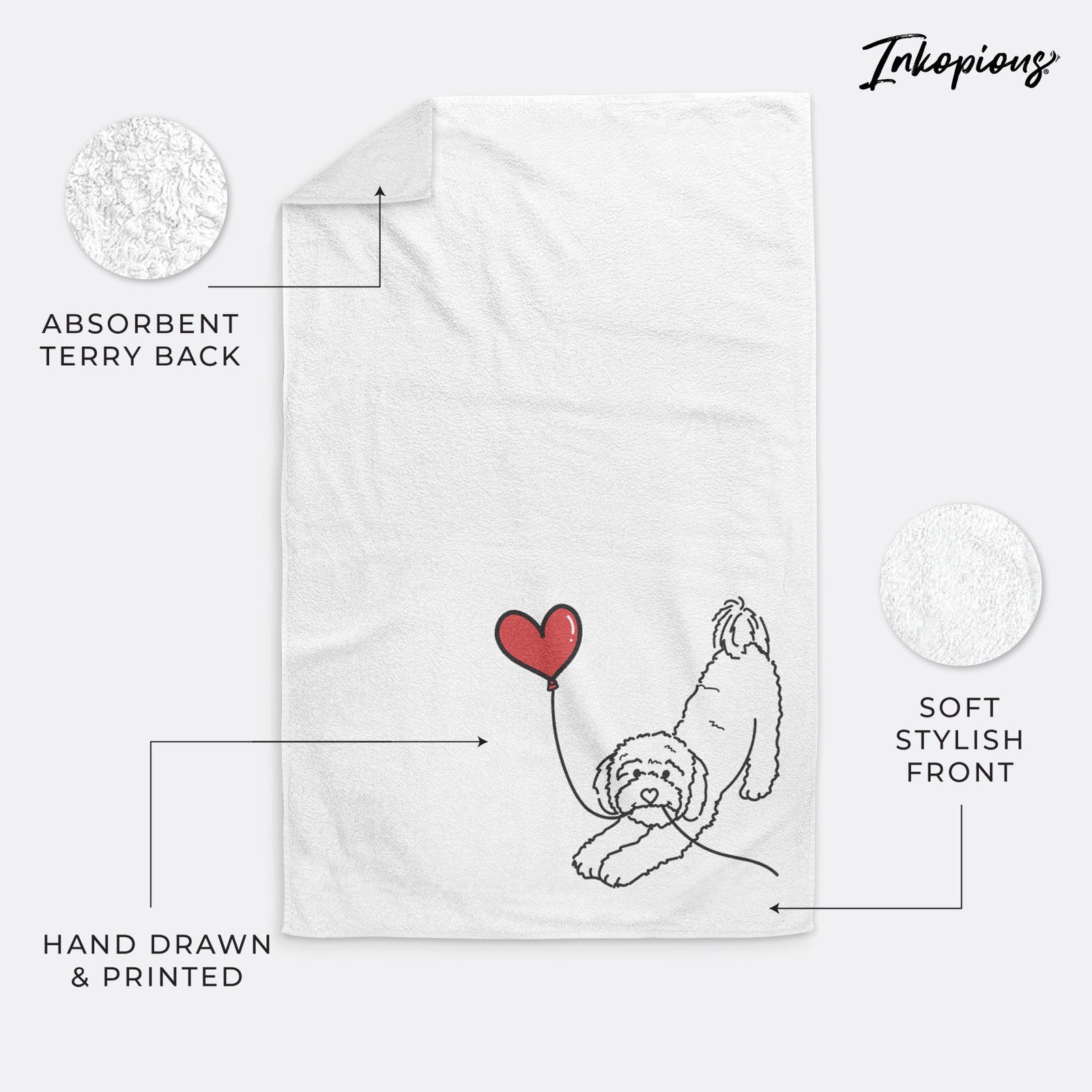 Minimalist line drawing of a Cavapoo Heart String holding a heart balloon on a decorative hand towel
