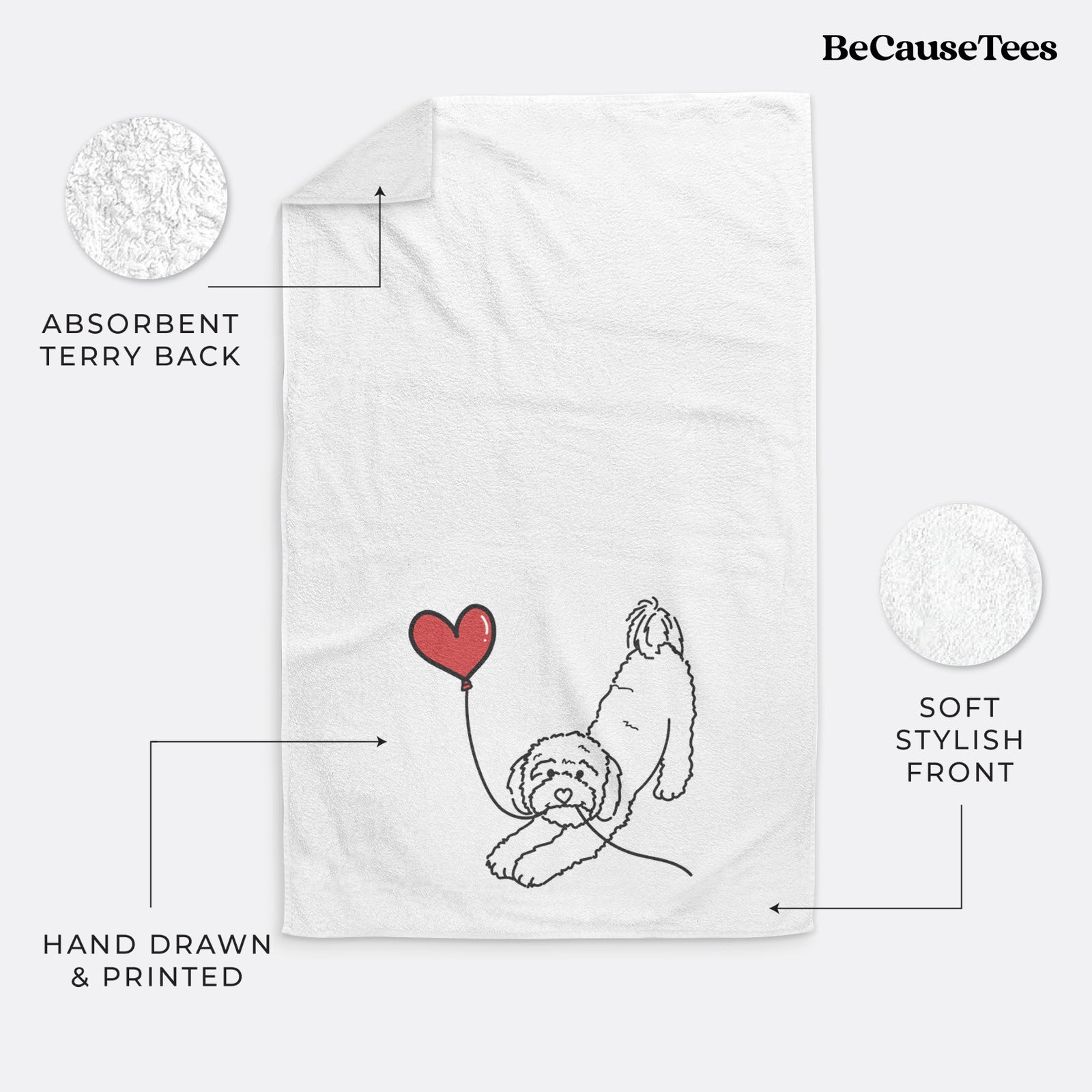 Minimalist line drawing of a Cavapoo Heart String holding a heart balloon on a decorative hand towel