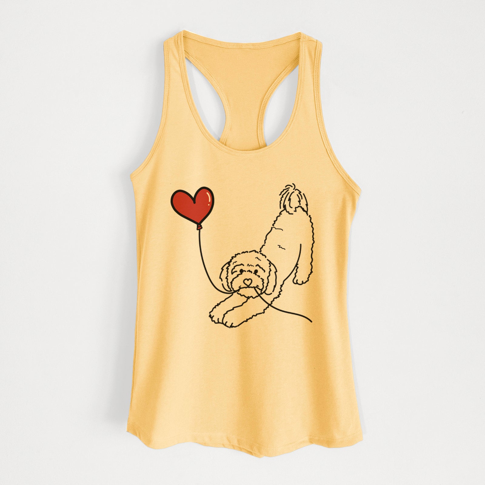 Minimalist line drawing of a Cavapoo Heart String holding a heart balloon on a Banana Cream Women's racerback tanktop