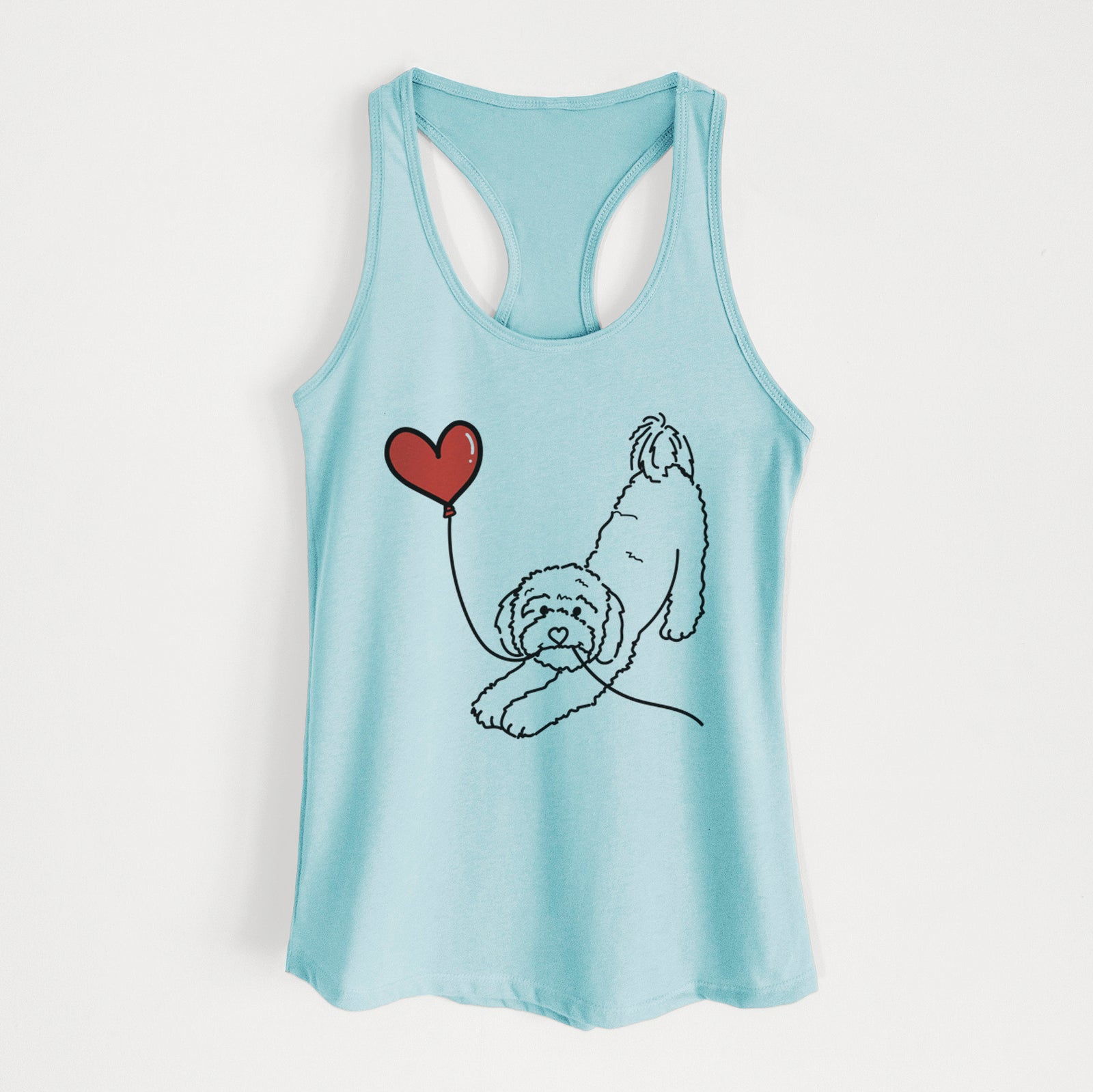 Minimalist line drawing of a Cavapoo Heart String holding a heart balloon on a Cancun Blue Women's racerback tanktop