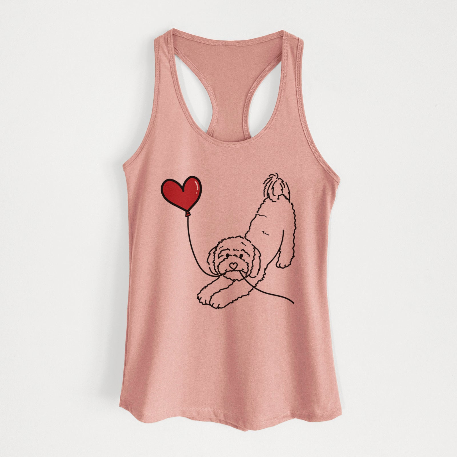 Minimalist line drawing of a Cavapoo Heart String holding a heart balloon on a Desert Pink Women's racerback tanktop