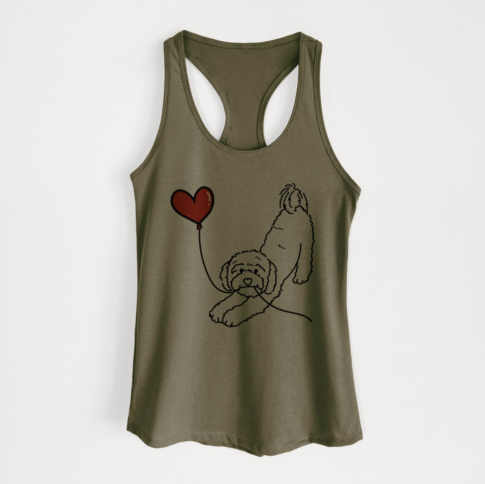 Minimalist line drawing of a Cavapoo Heart String holding a heart balloon on a Military Green Women's racerback tanktop