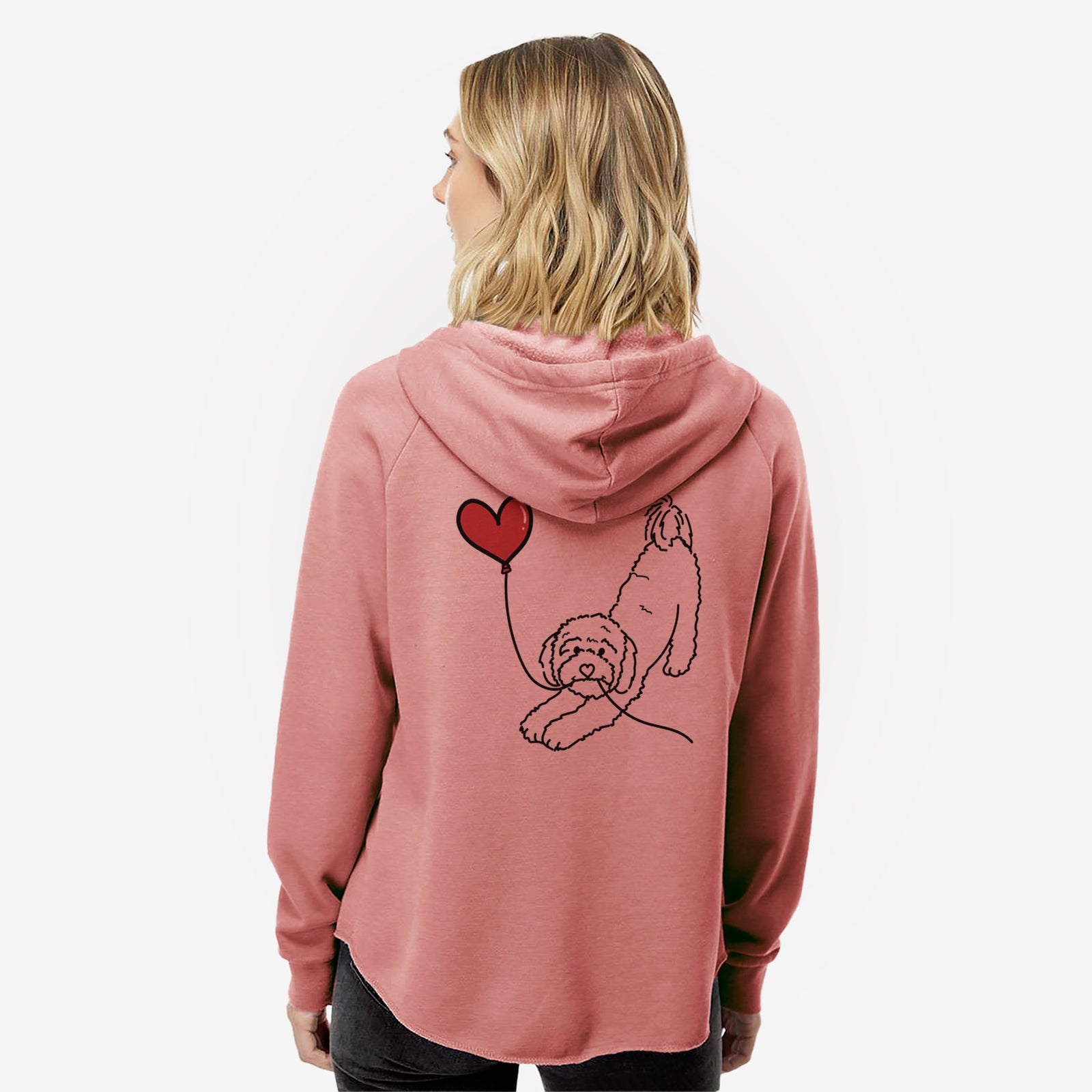 Minimalist line drawing of a Cavapoo Heart String- Women's Cali Wave Zip-Up Sweatshirt holding a heart balloon on a Dusty Rose Cali Wave Zipup Sweatshirt