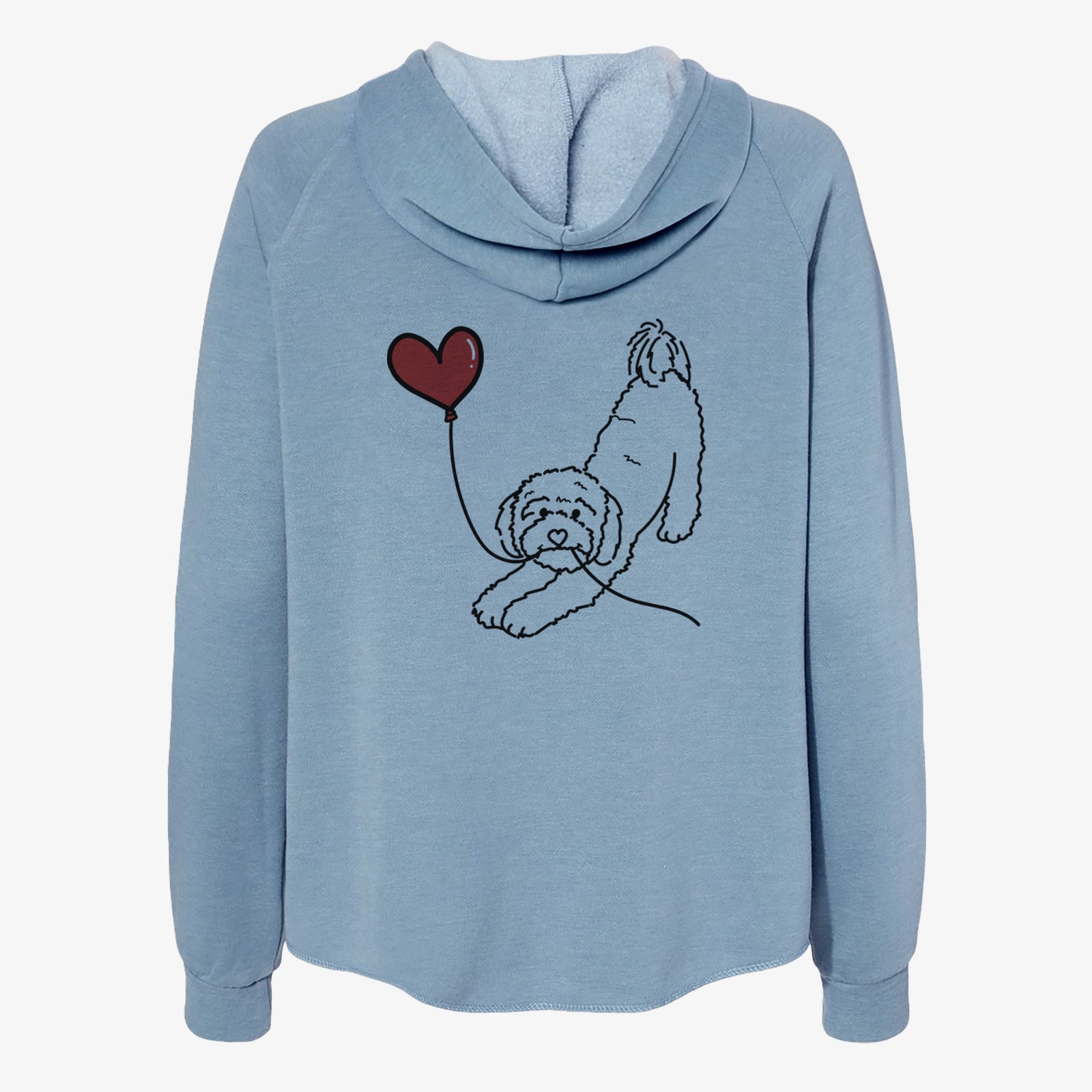 Minimalist line drawing of a Cavapoo Heart String- Women's Cali Wave Zip-Up Sweatshirt holding a heart balloon on a Misty Blue Cali Wave Zipup Sweatshirt