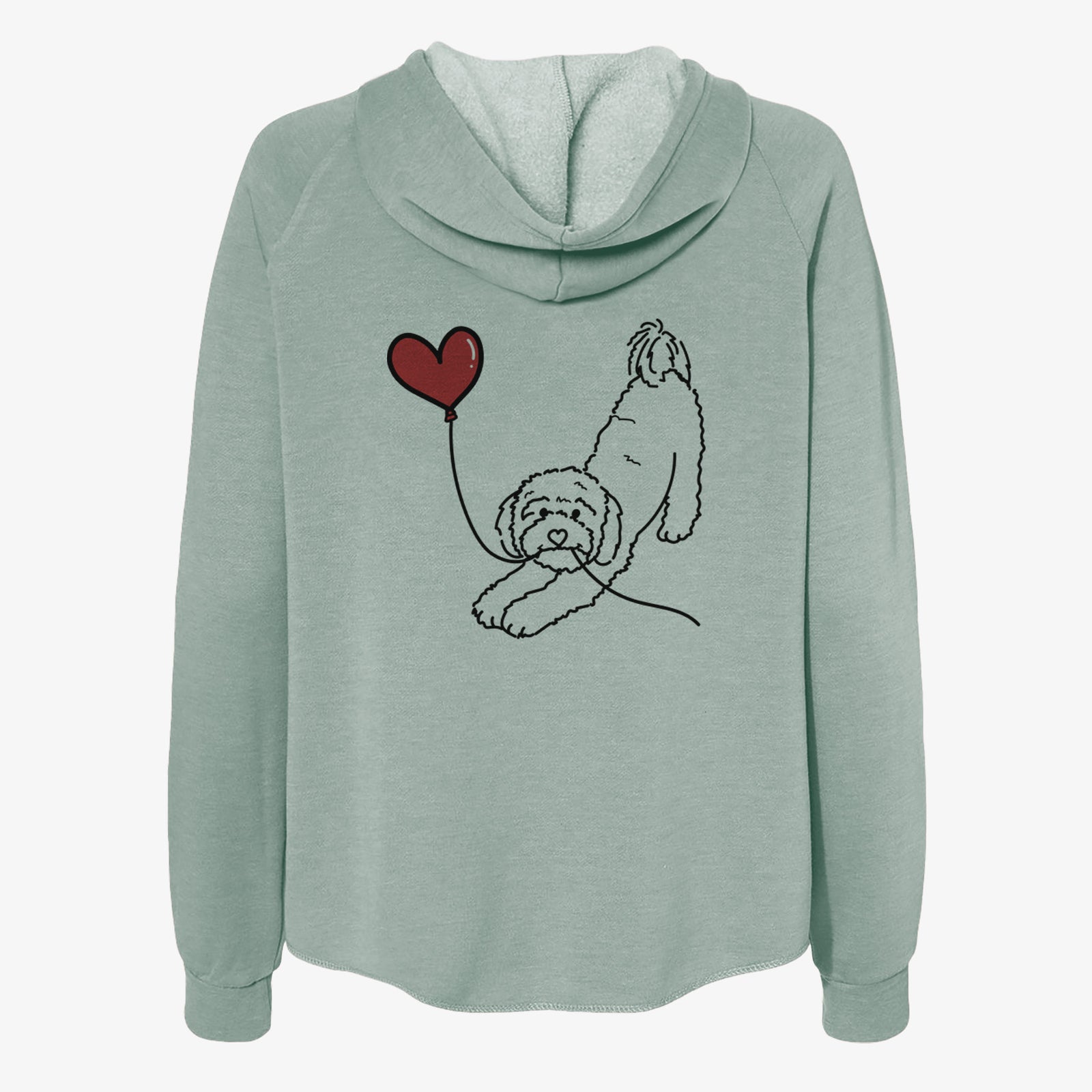 Minimalist line drawing of a Cavapoo Heart String- Women's Cali Wave Zip-Up Sweatshirt holding a heart balloon on a Sage Cali Wave Zipup Sweatshirt