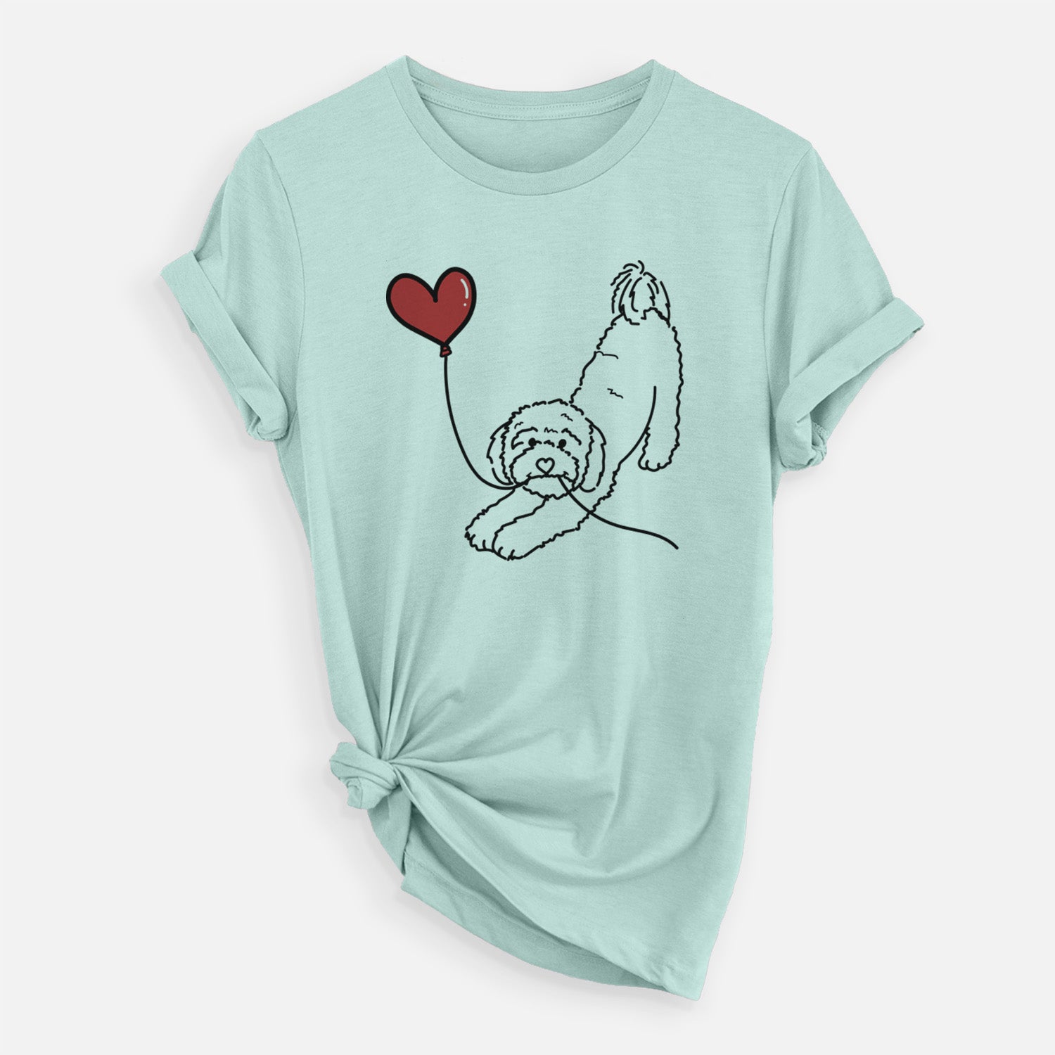 Minimalist line drawing of a Cavapoo Heart String holding a heart balloon on a Heather Sage Unisex crewneck