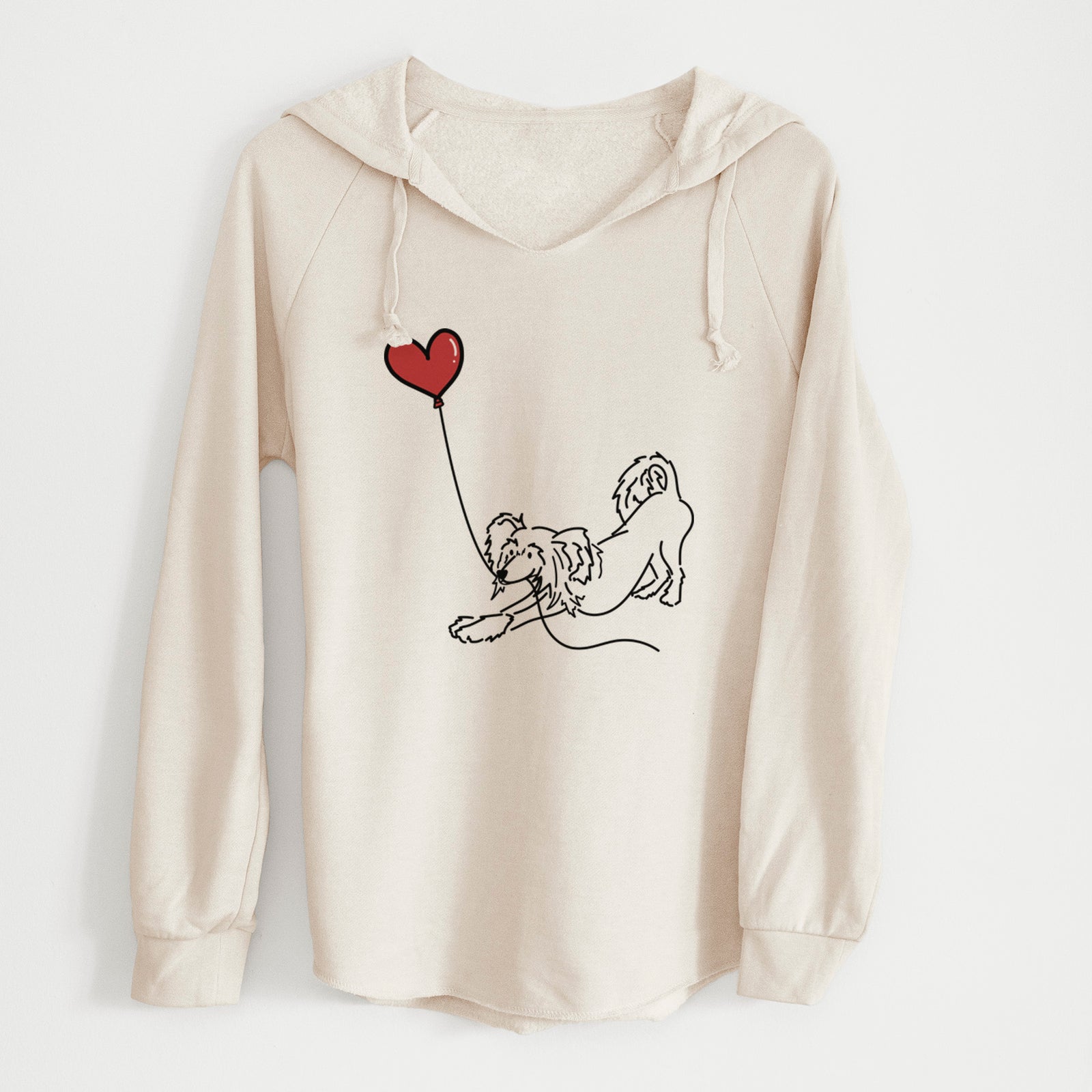 Minimalist line drawing of a Chinese Crested Heart String holding a heart balloon on a Bone Cali Wave Hooded Sweatshirt